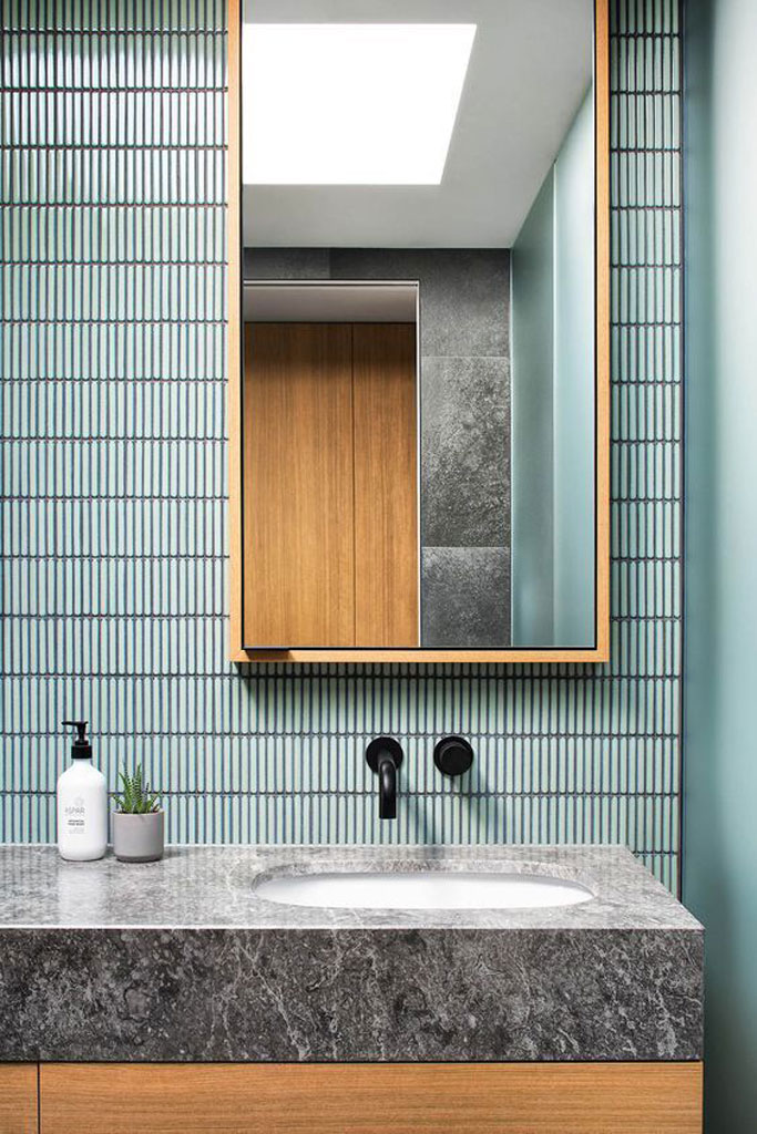 Aqua Vertical Tile Bathroom Backsplash