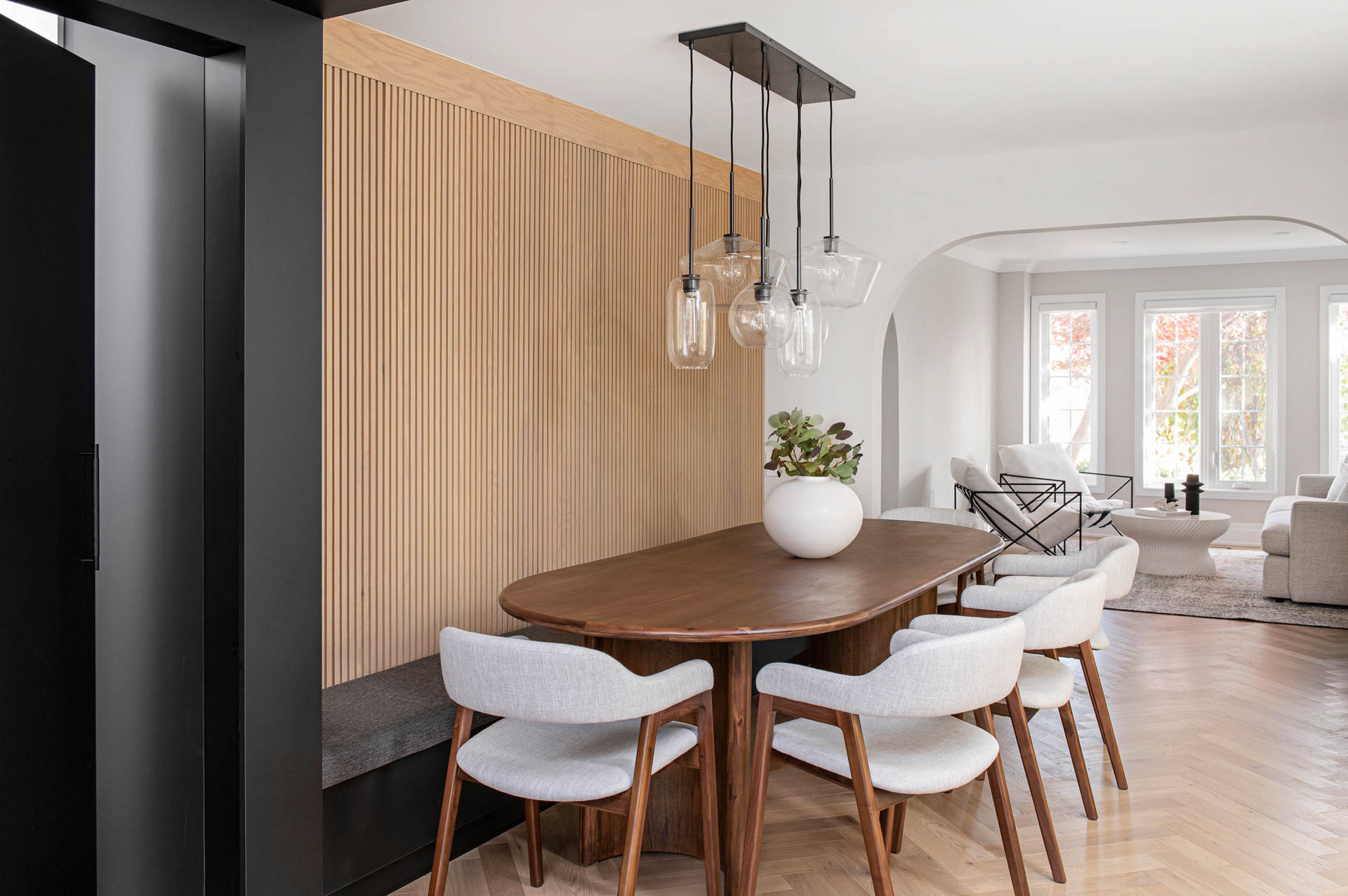 Image of Modern dining room table with bench.