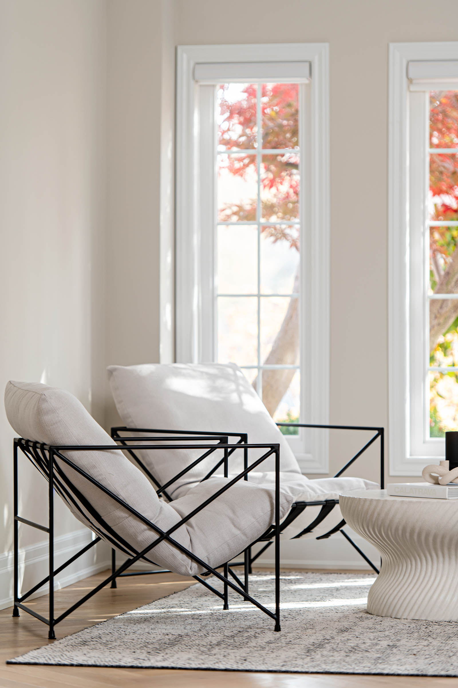 Image of a contemporary white living room, with large lounge chairs.