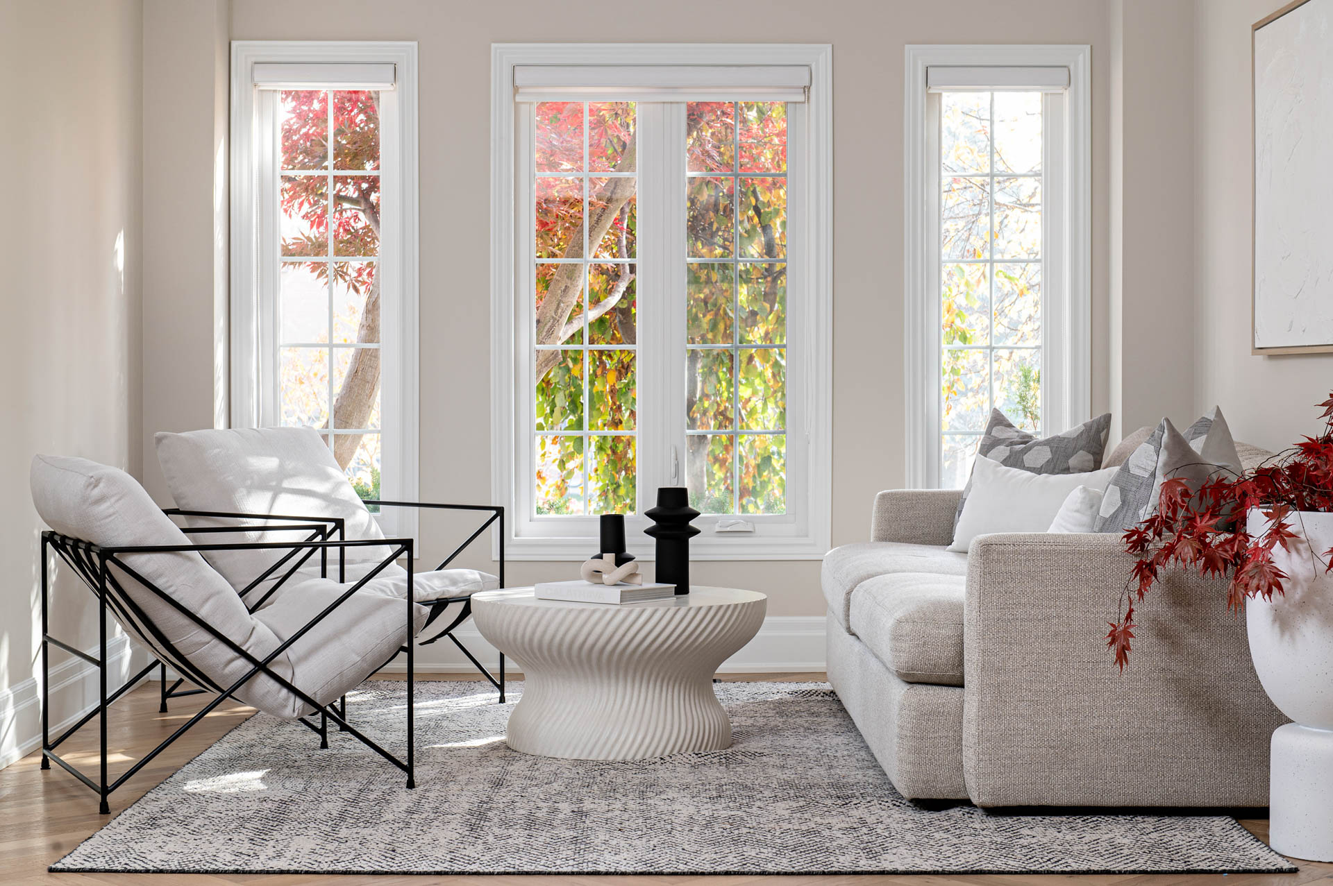 Modern white living room arranged with sofa, coffee table, two lounge chairs, anchored by area rug.