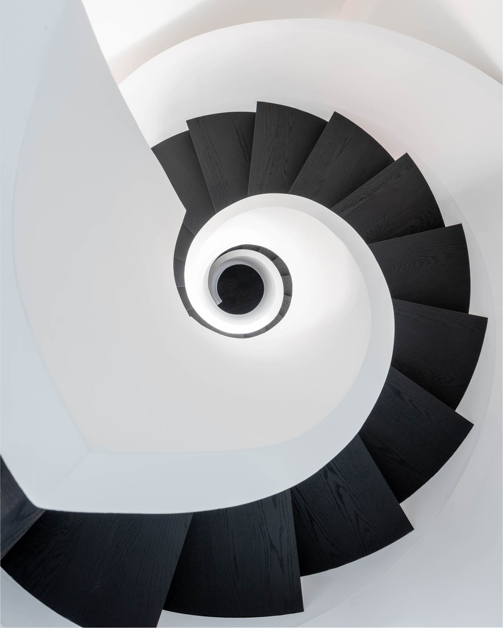 Image of a Contemporary curved staircase view from second floor to basement, black engineered hardwood and white drywall railing.