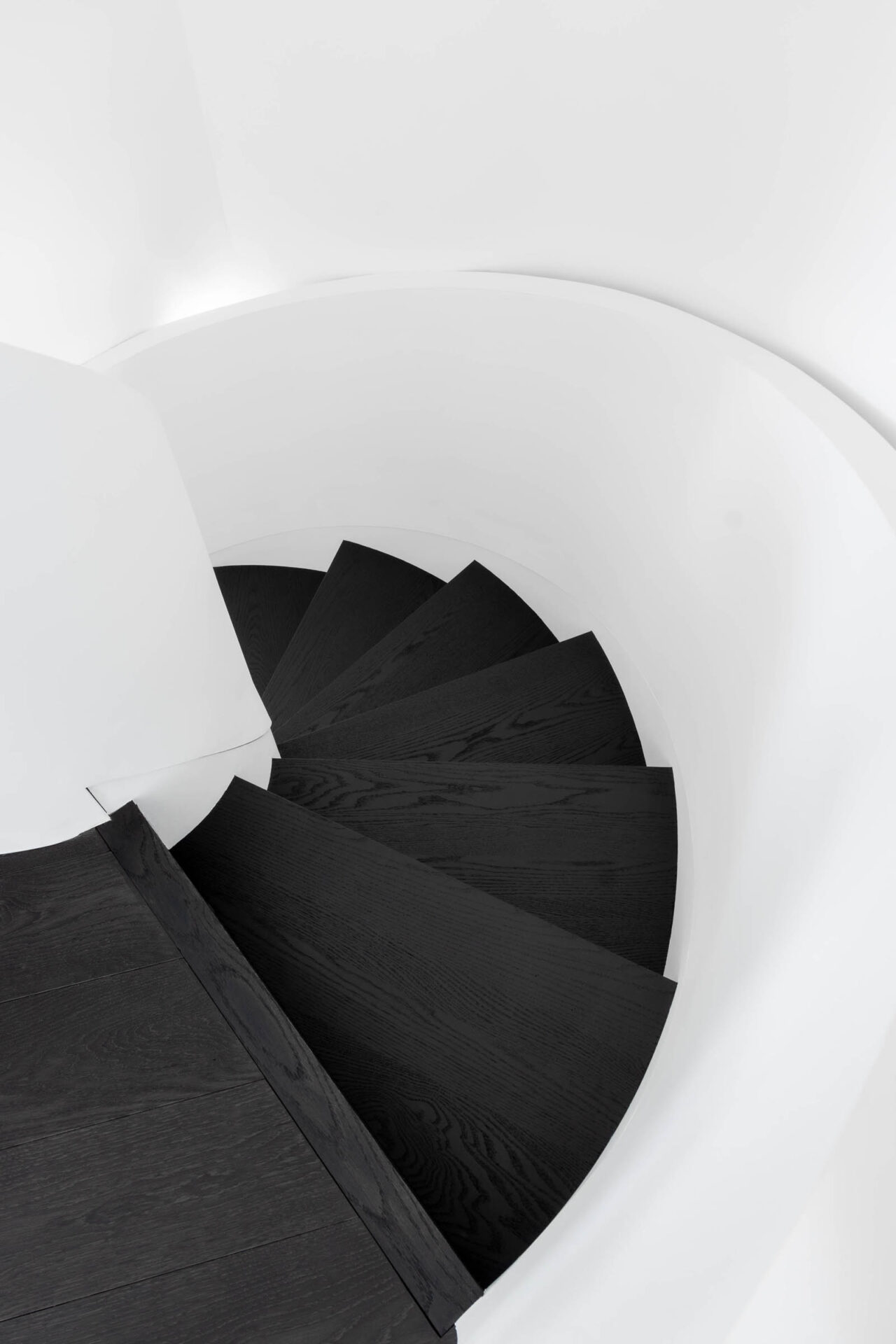 Image of contemporary spiral staircase view from second floor, black engineered hardwood and white drywall railing.
Vellore Village home transformation: modern curved staircase Vellore Village home black hardwood and white railing.