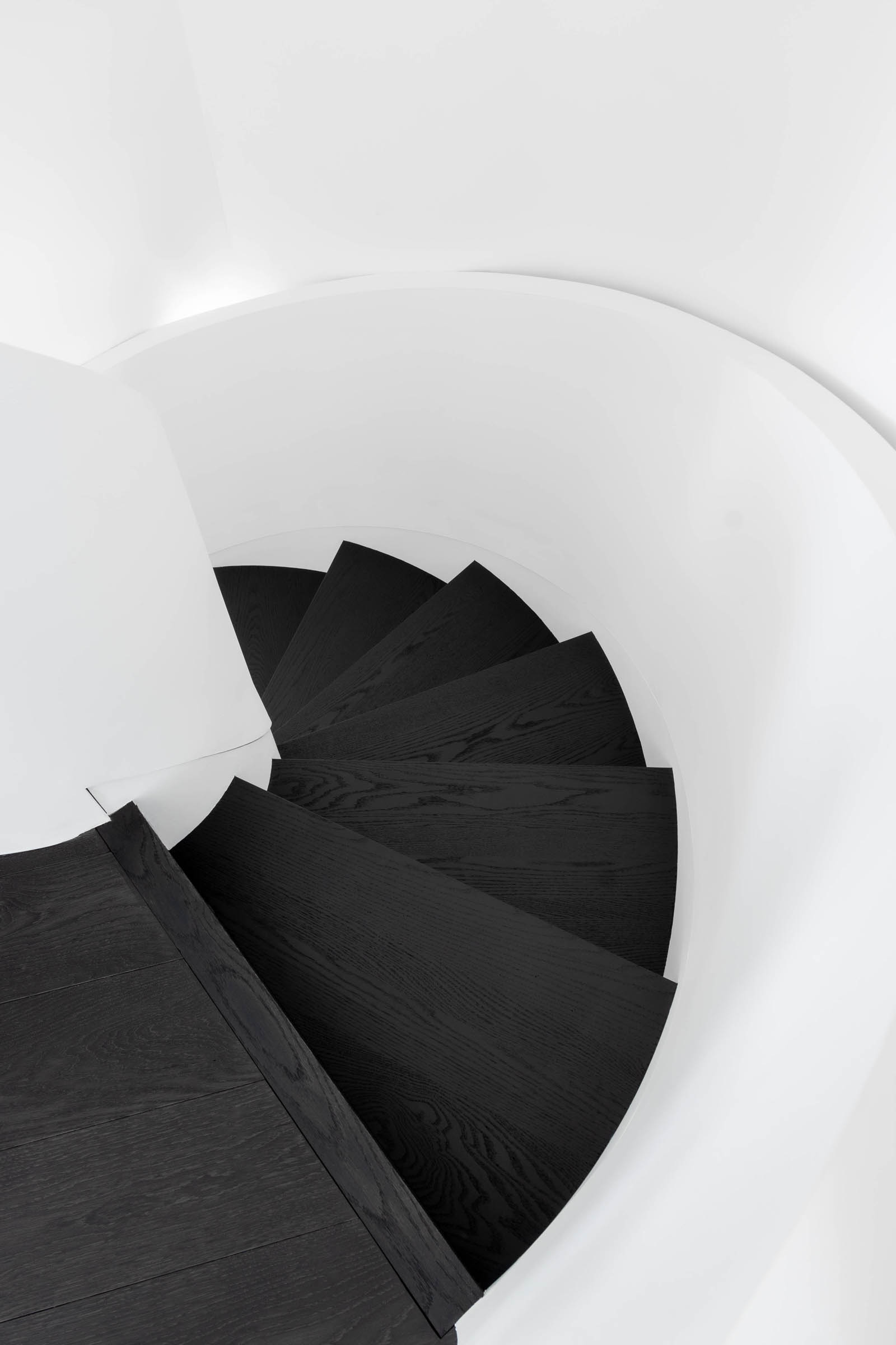 Image of contemporary spiral staircase view from second floor, black engineered hardwood and white drywall railing.