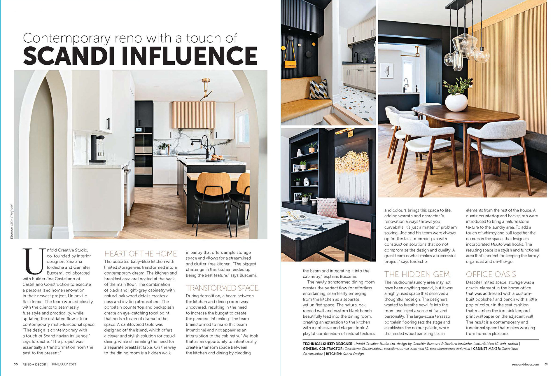 Image of Reno and Decor National Edition Cover 2 page editorial on Unfold Creative Studio's Unionville Residence project.