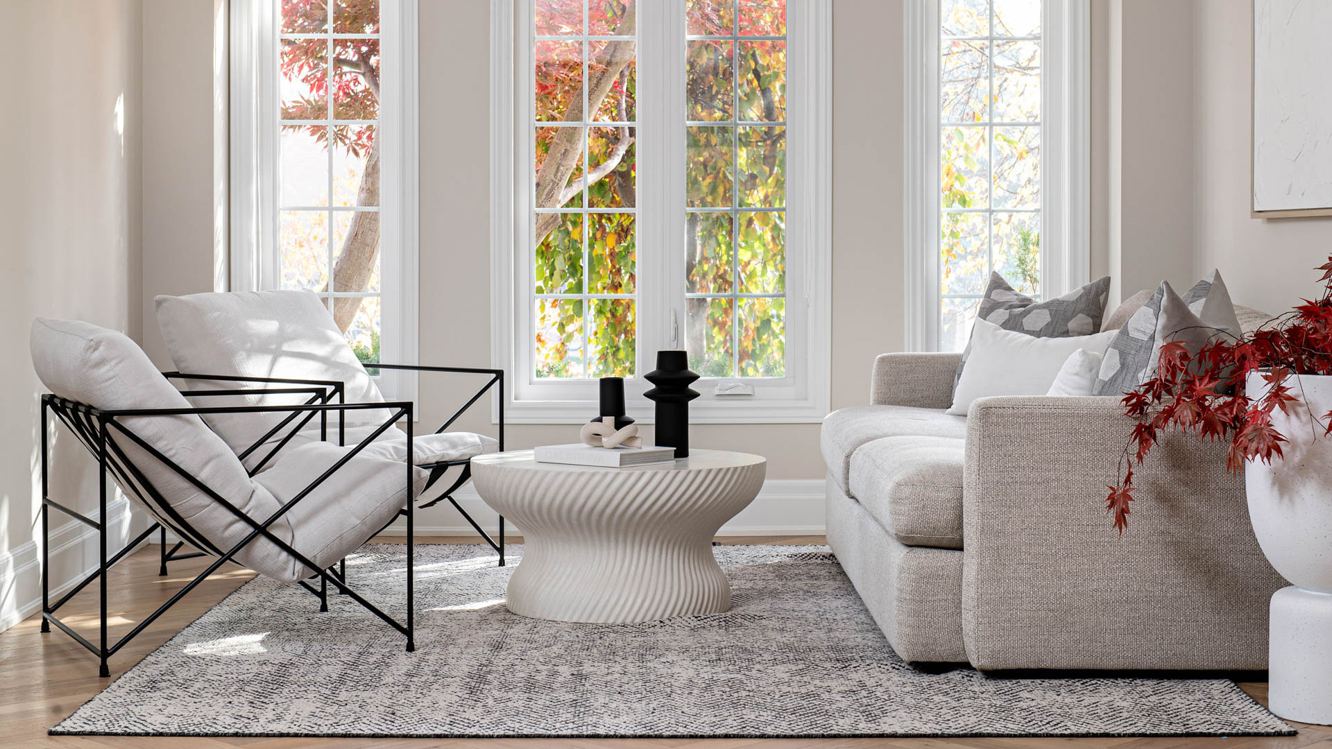 Image of Modern white living room arranged with sofa, coffee table, two lounge chairs, anchored by area rug.