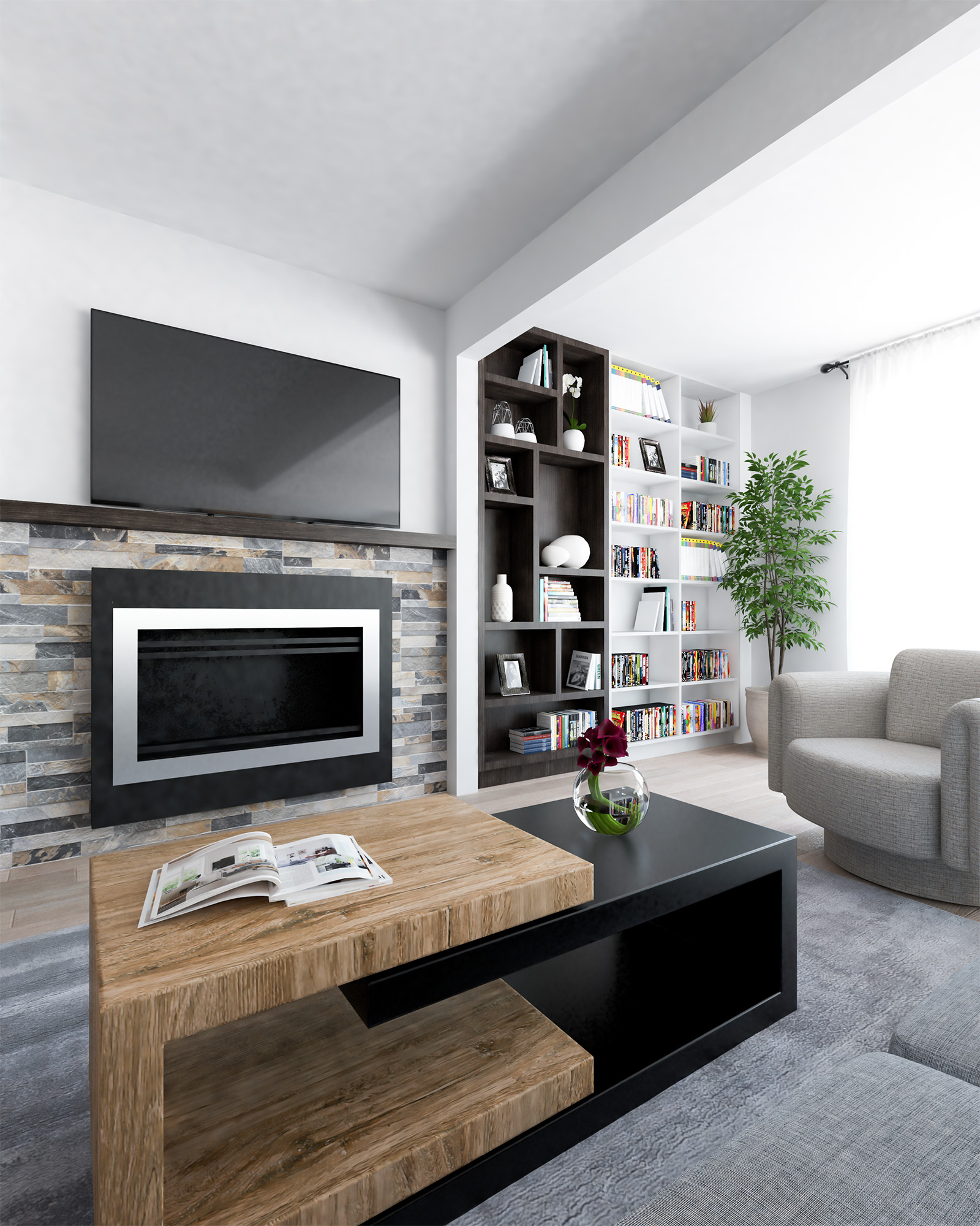 Modern living room in Bayview Residence with a sleek fireplace, built-in bookshelves, and contemporary furniture.