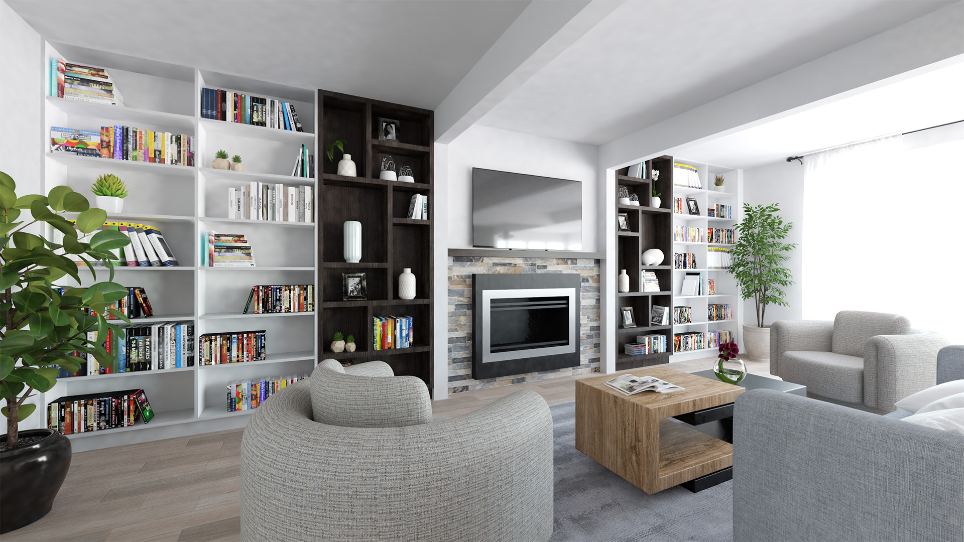 Modern living room in Bayview Residence with built-in bookshelves, a fireplace, and contemporary furniture.