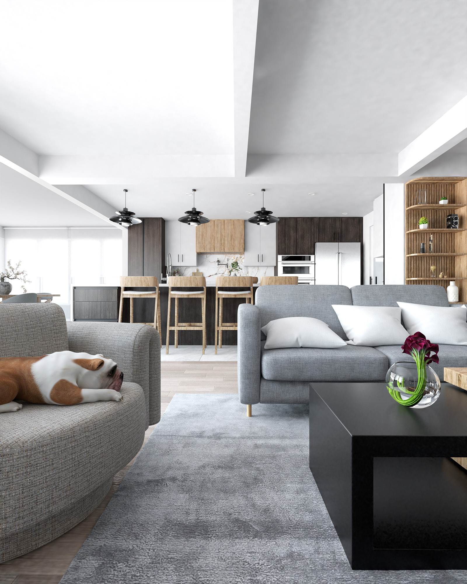 Open-concept living and kitchen area in Bayview Residence with modern furnishings and a relaxed dog on the sofa.