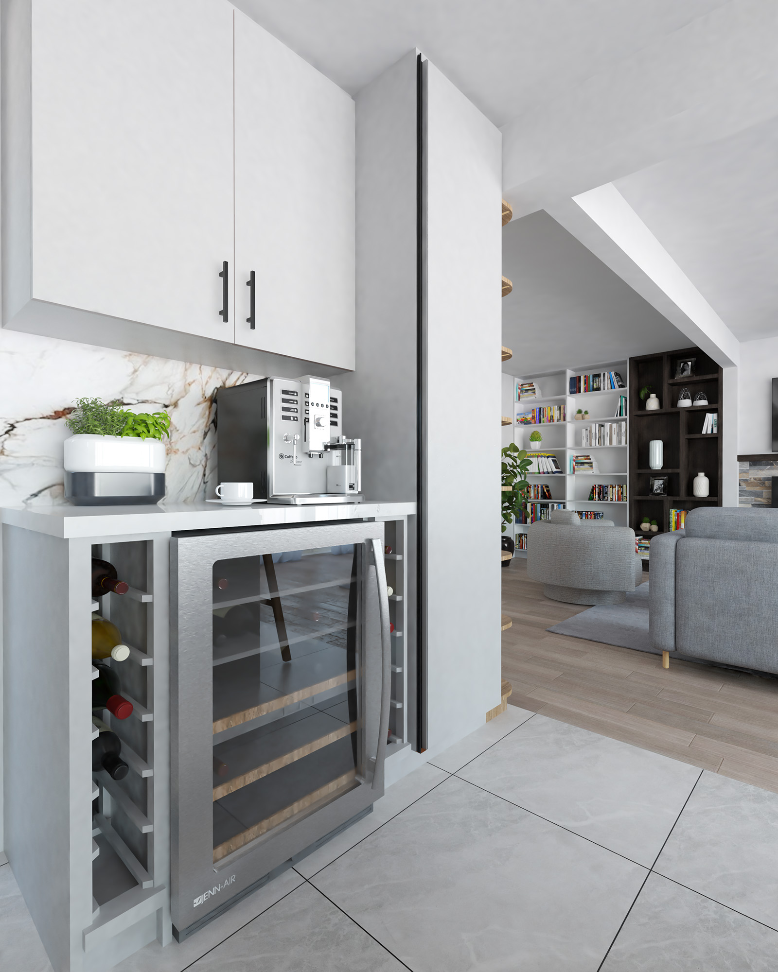 Coffee station in Bayview Residence kitchen with undercounter wine cooler and modern decor.