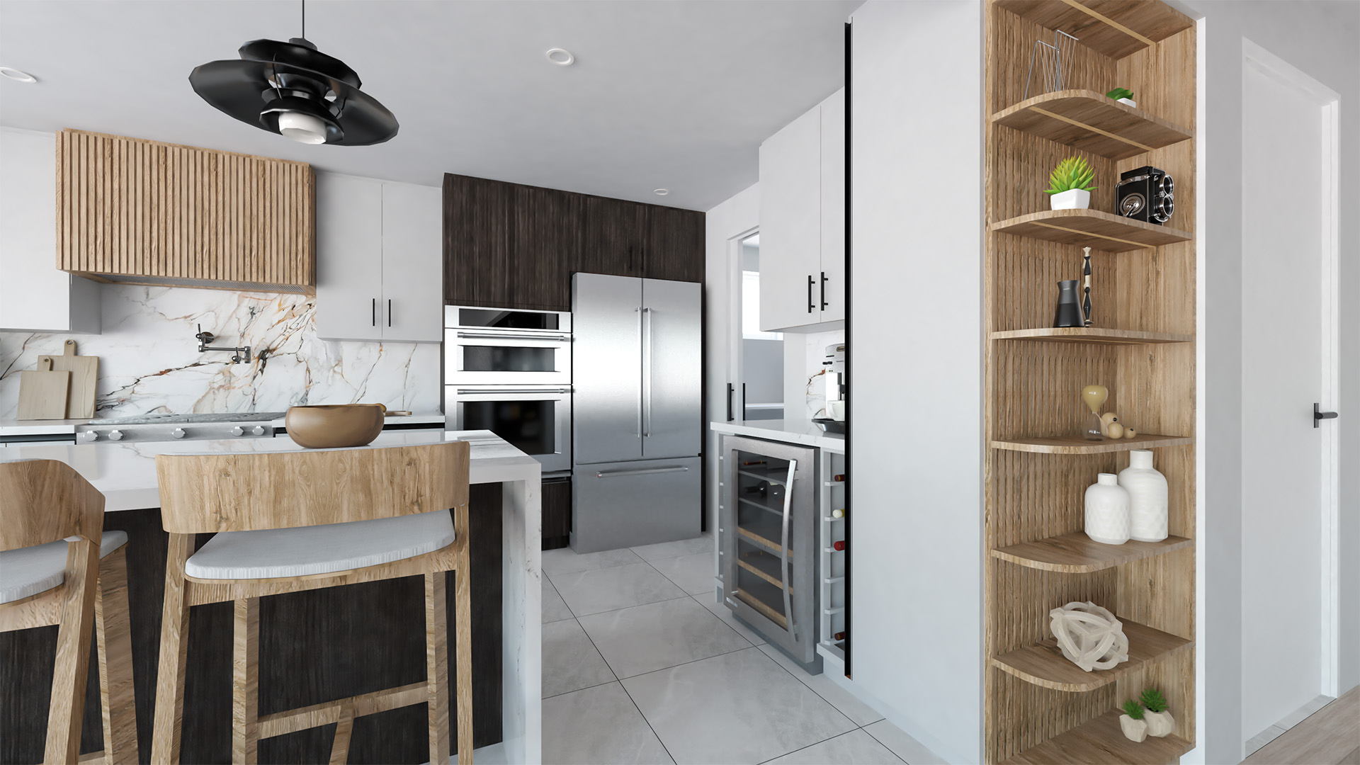 Modern kitchen in Bayview Residence with quartz countertops, wooden bar stools, and a wine cooler.