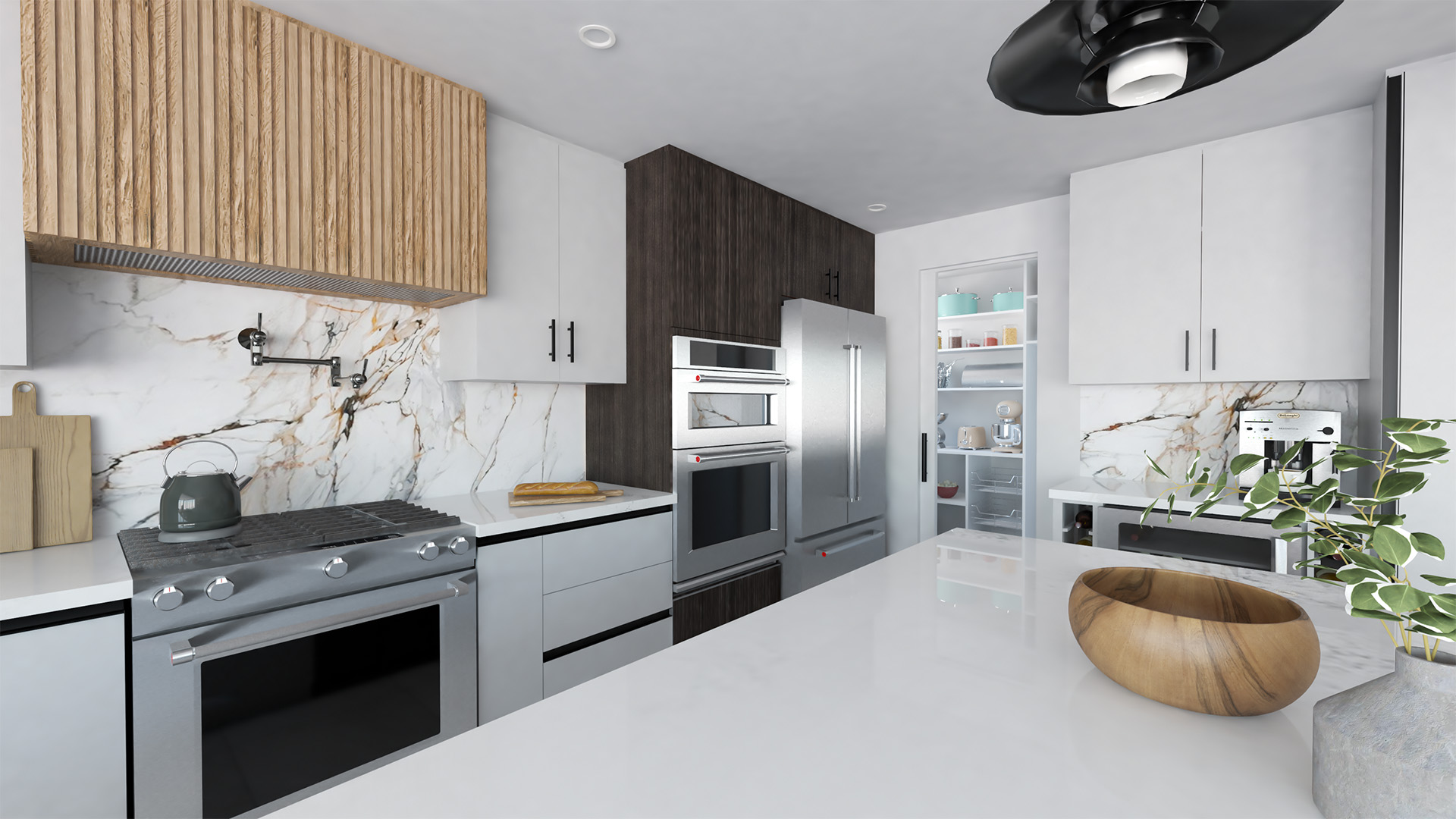 Modern kitchen in Bayview Residence with quartz countertops, stainless steel appliances, and a wooden vent hood.