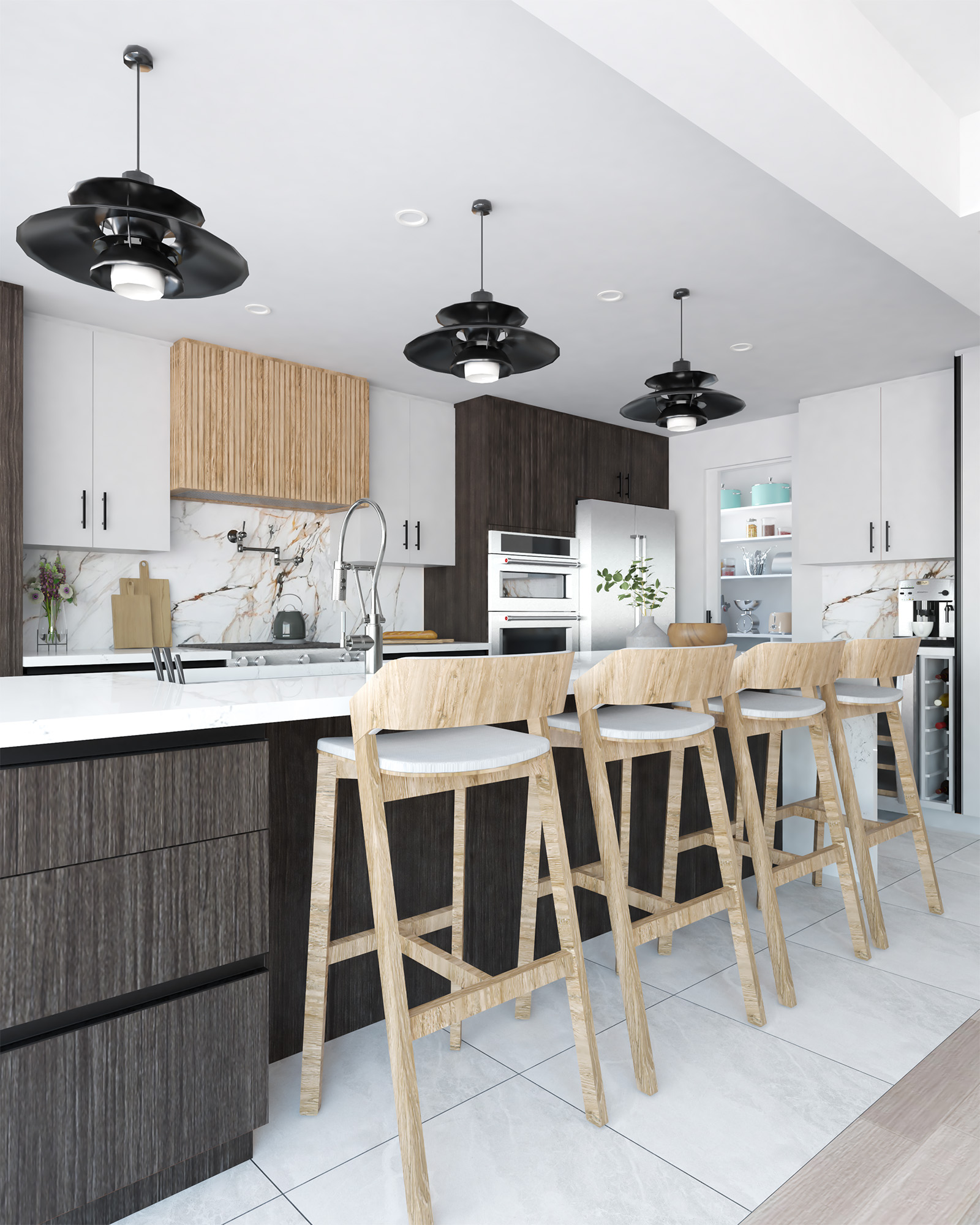 Contemporary kitchen in Bayview Residence with quartz countertops and backsplash, wooden bar stools, and modern pendant lighting.