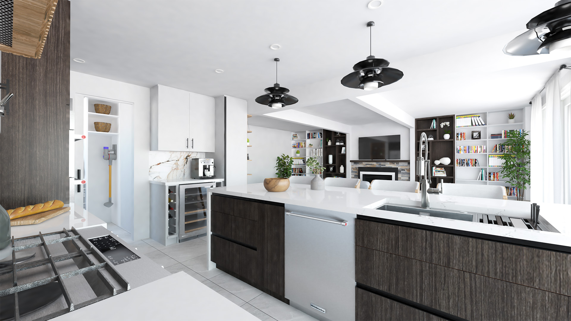 Modern kitchen and living area in Bayview Residence with quartz countertops, stainless steel appliances, and open shelving.