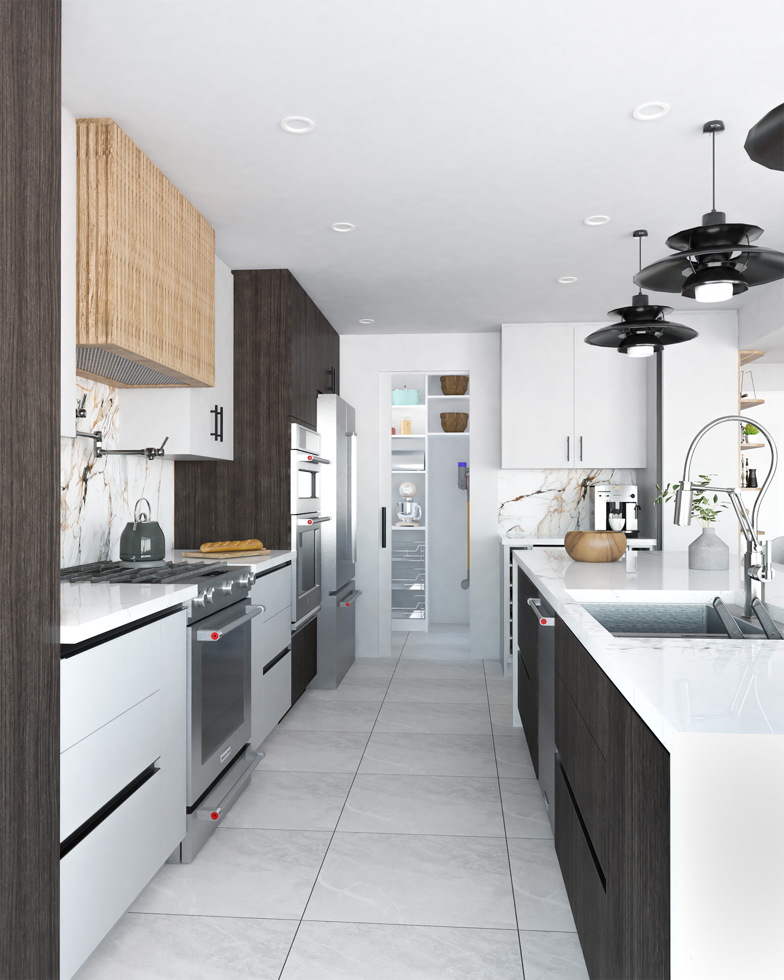 Sleek kitchen in Bayview Residence with quartz countertops and backsplash, stainless steel appliances, and modern pendant lighting.