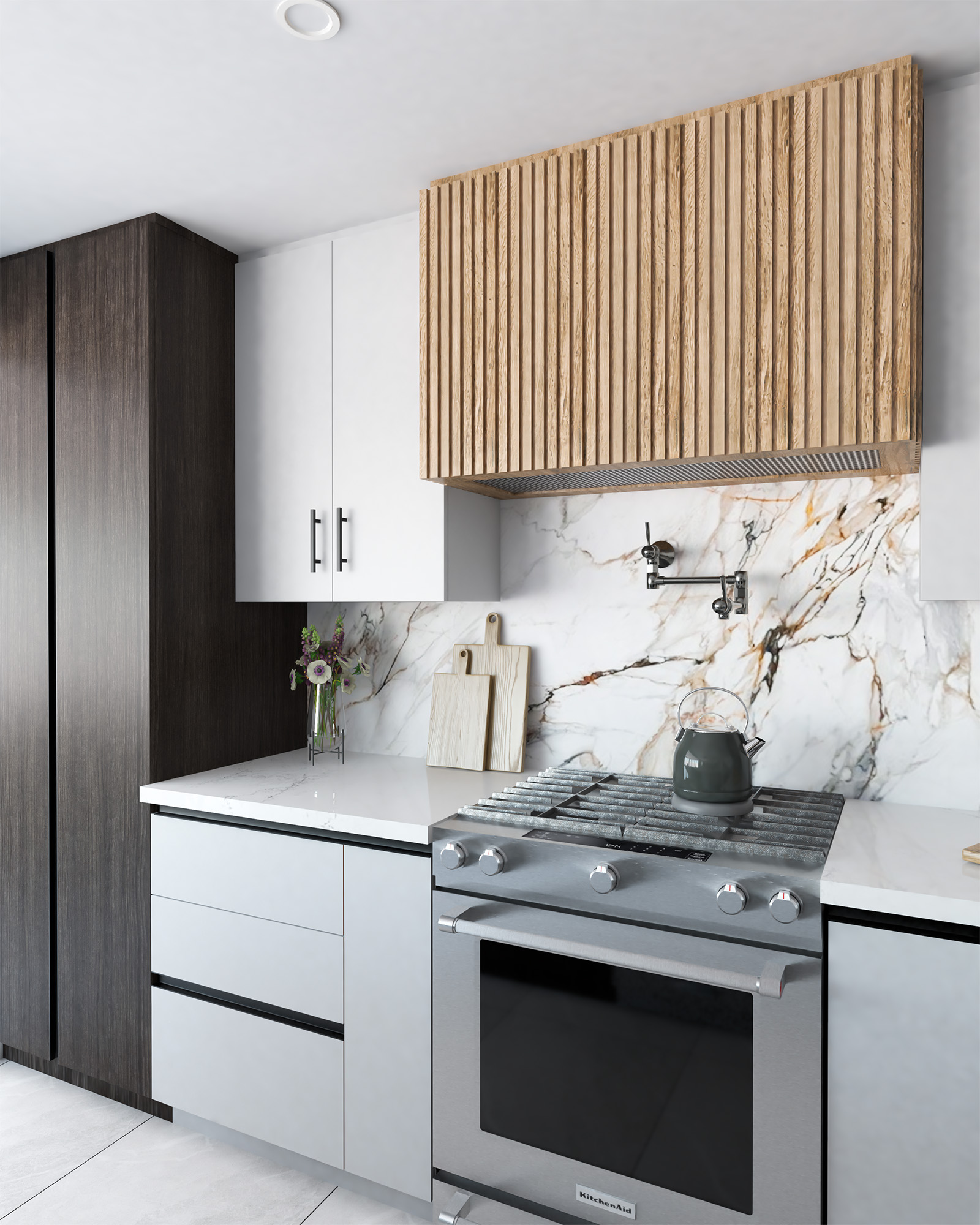 Modern kitchen in Bayview Residence with quartz countertops, stainless steel stove, and wooden vent hood.