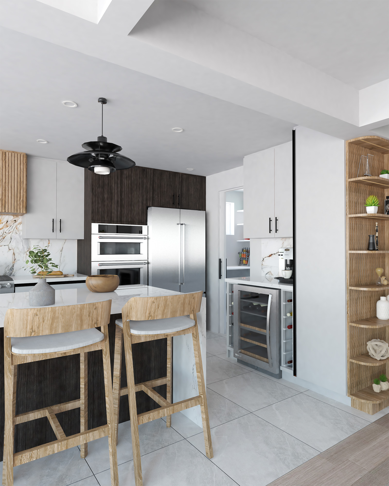 Modern kitchen in Bayview Residence with quartz countertops, wooden bar stools, and stainless steel appliances.