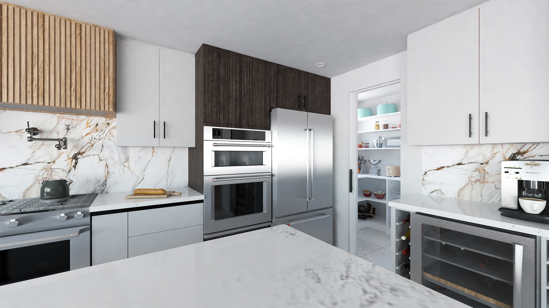 Contemporary kitchen in Bayview Residence with quartz countertops, stainless steel appliances, and modern cabinetry.