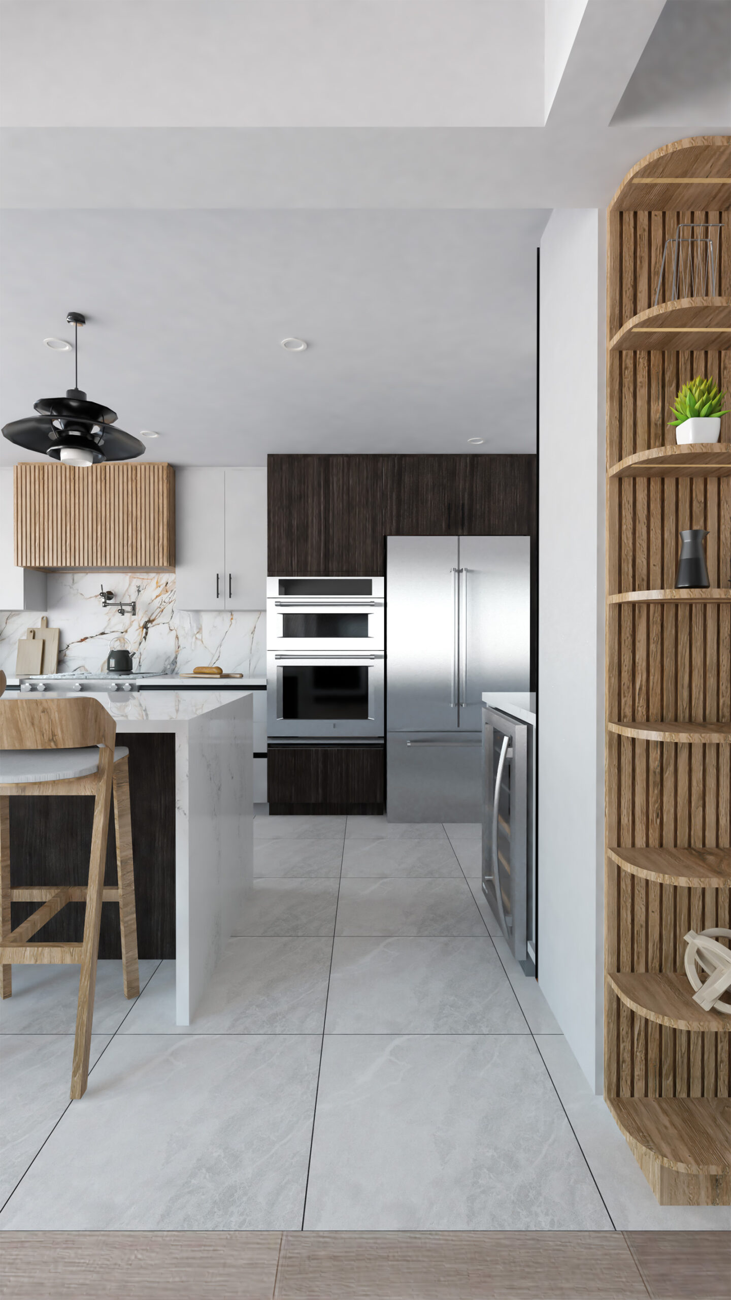 Modern kitchen in Bayview Residence with quartz countertops, stainless steel appliances, and wooden shelving.