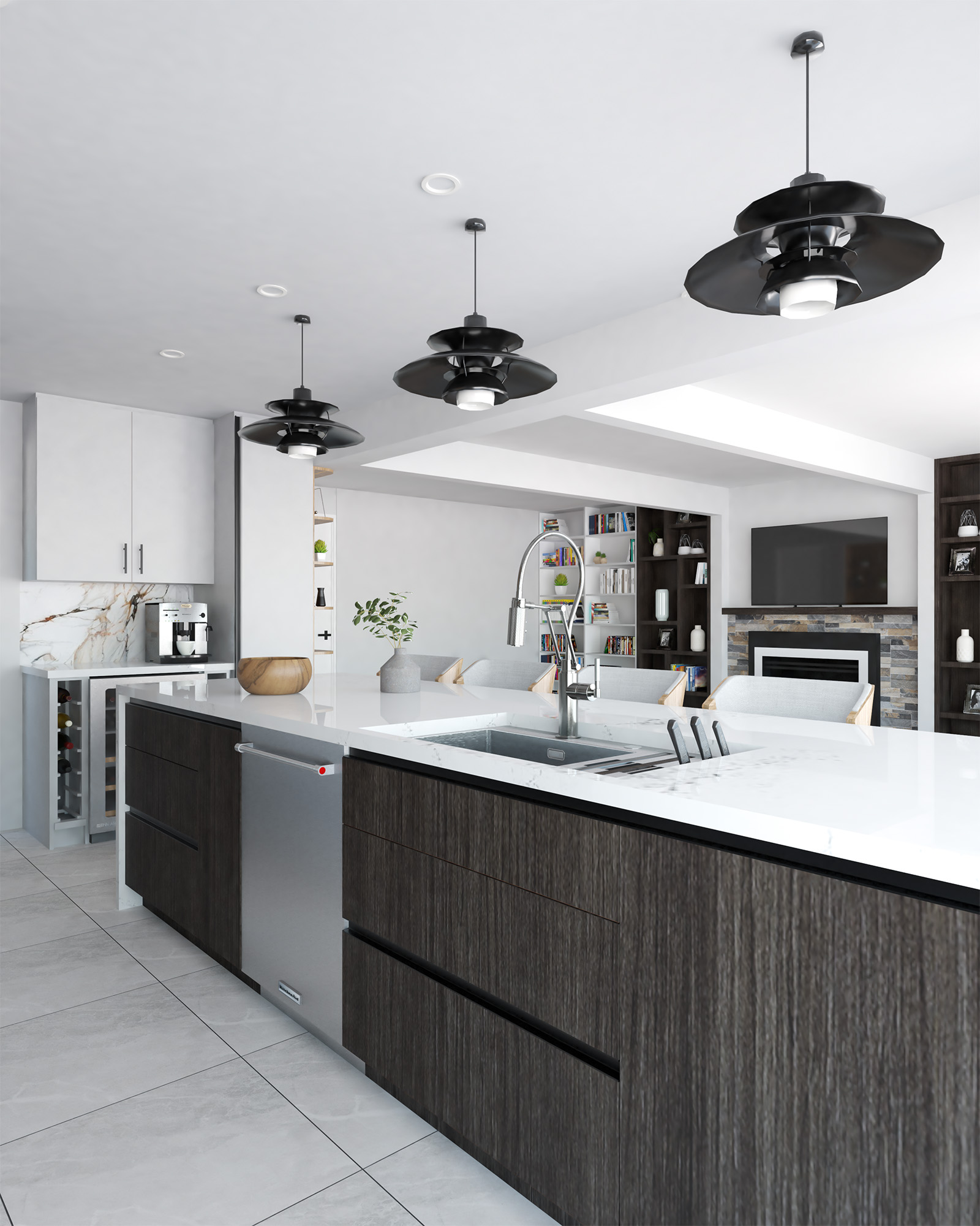 Contemporary kitchen and living area in Bayview Residence with quartz countertops, pendant lighting, and modern furnishings.