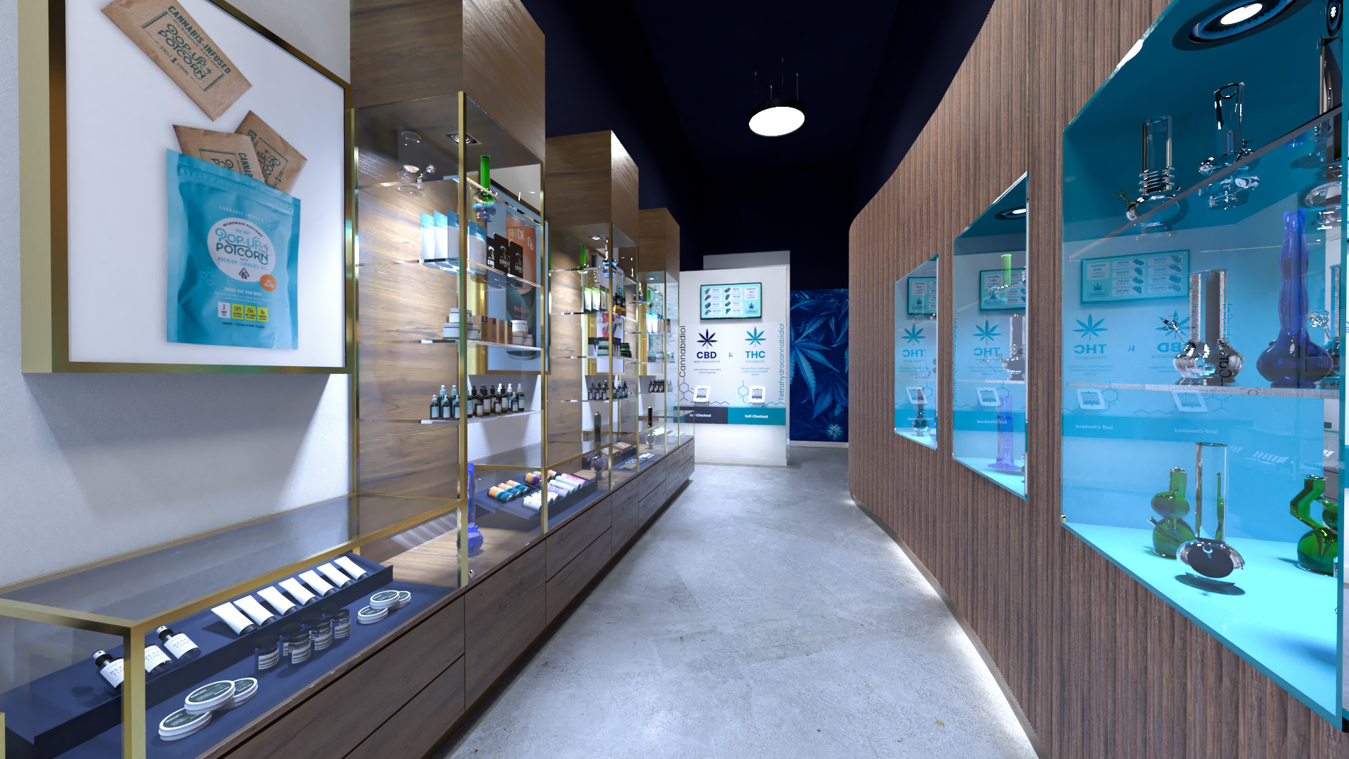 Interior rendering of CannaVie Toronto cannabis store featuring reeded curved wall and custom display units.