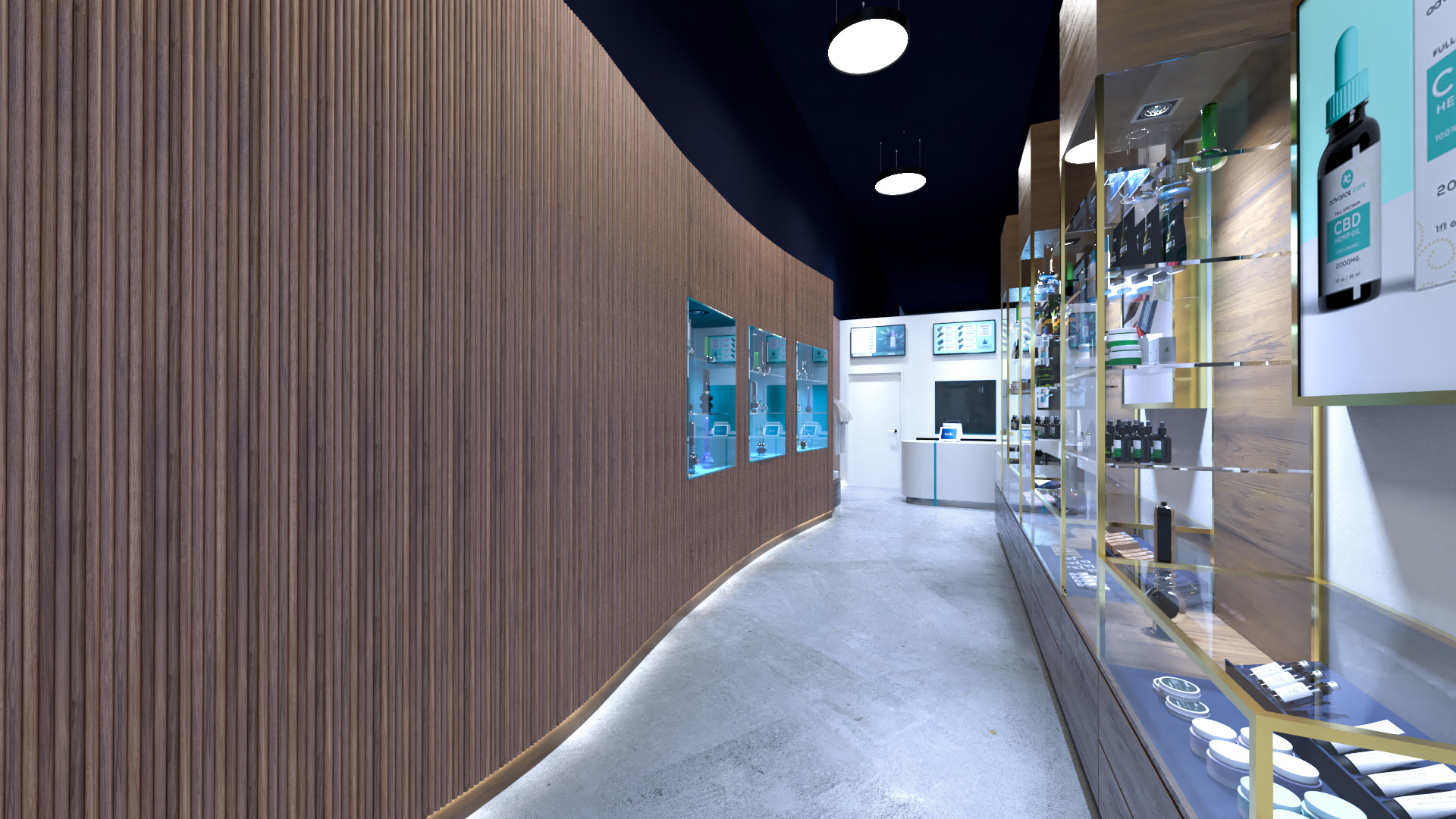 Interior rendering of CannaVie Toronto cannabis store with a reeded curved wall and custom display units.metal display units.