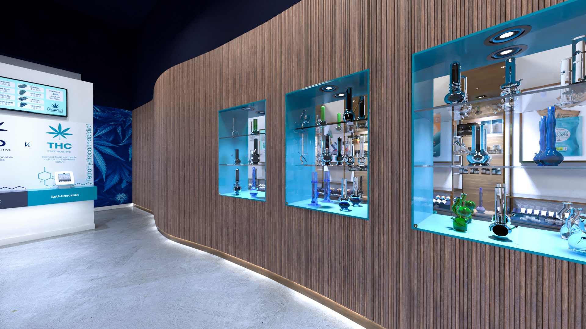 Interior rendering of CannaVie Toronto cannabis store featuring a reeded curved wall with illuminated display niches.