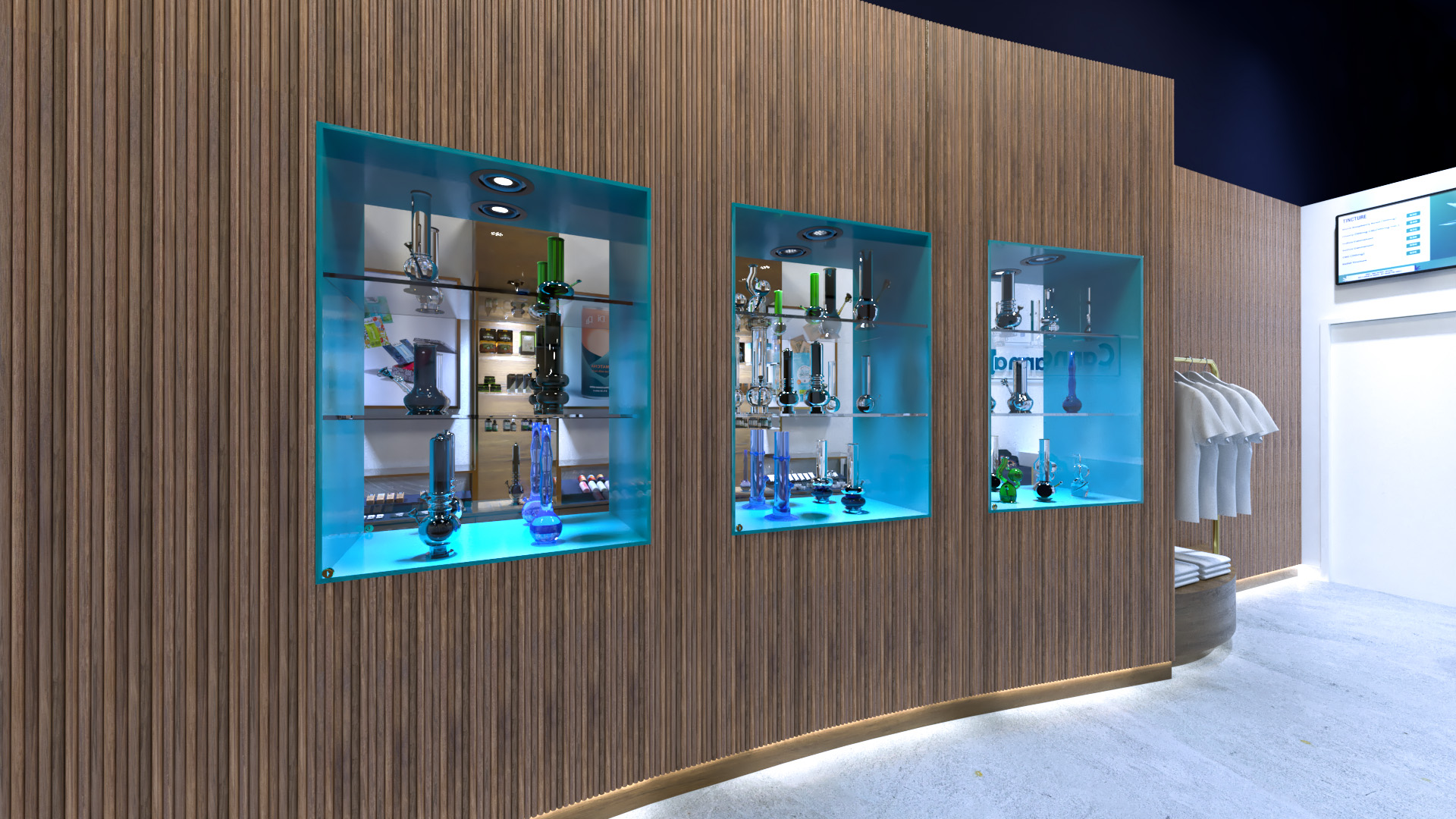 Interior rendering of CannaVie Toronto cannabis store featuring a reeded curved wall with display niches.