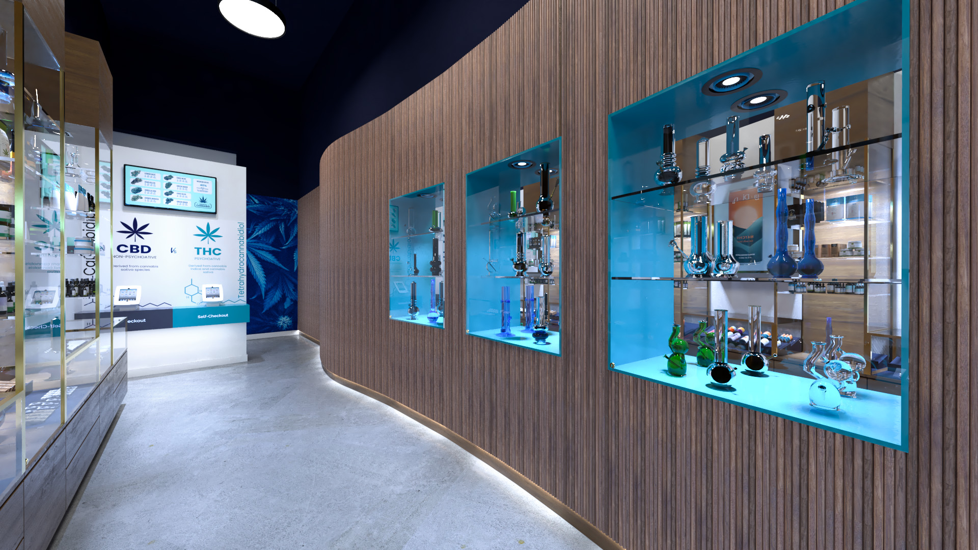 Interior rendering of CannaVie Toronto cannabis store highlighting a reeded curved wall.