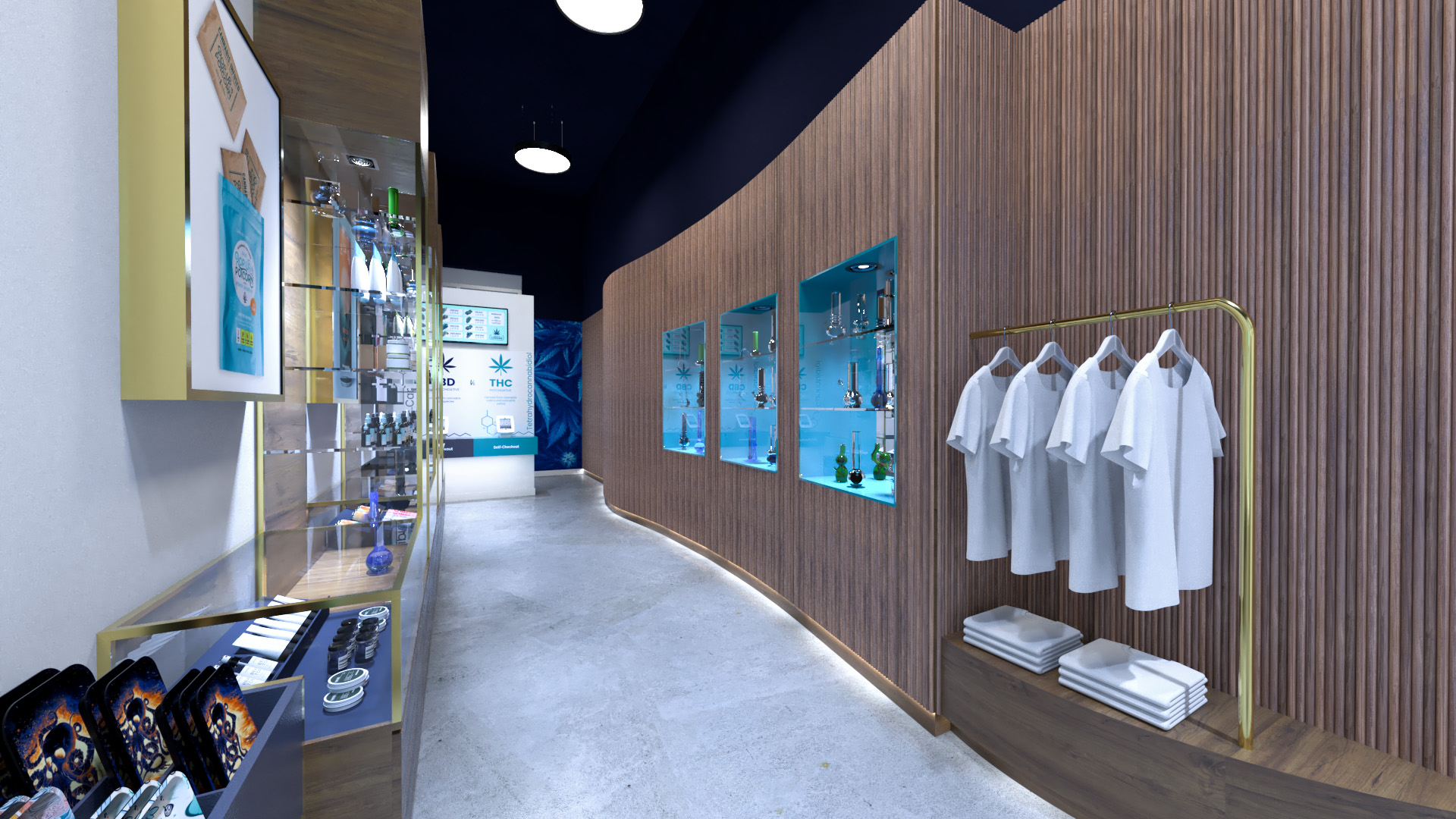 Interior rendering of CannaVie Toronto cannabis store featuring a reeded curved wall, custom display units, and merchandise.