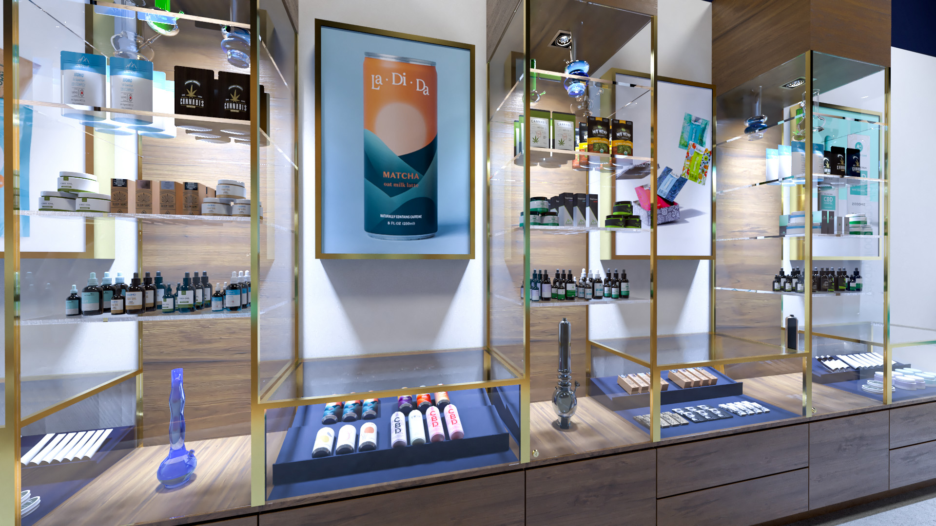 Closeup of custom display units in CannaVie Toronto cannabis store.