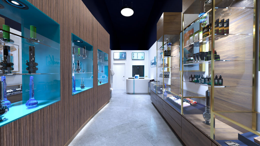 Interior rendering of CannaVie Toronto cannabis store with reeded curved wall and custom display units.