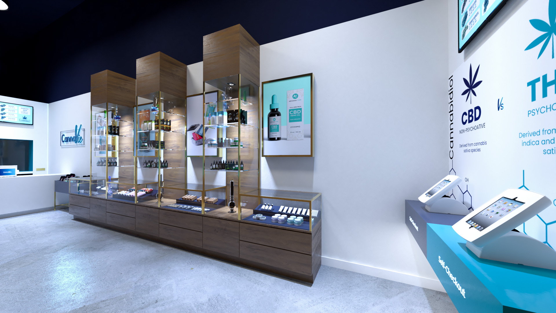 Interior rendering of CannaVie Toronto cannabis store featuring custom display units and informational kiosks.