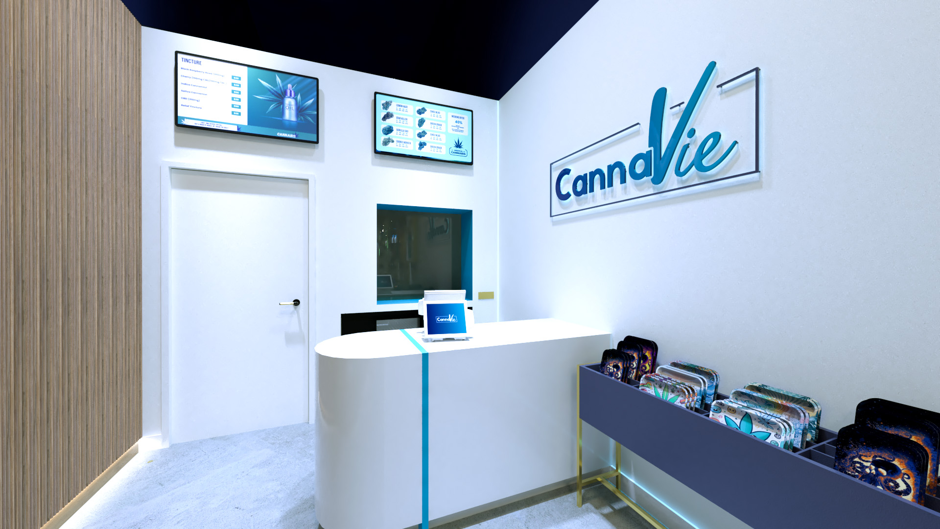 Interior rendering of CannaVie Toronto cannabis store featuring a custom cash counter.