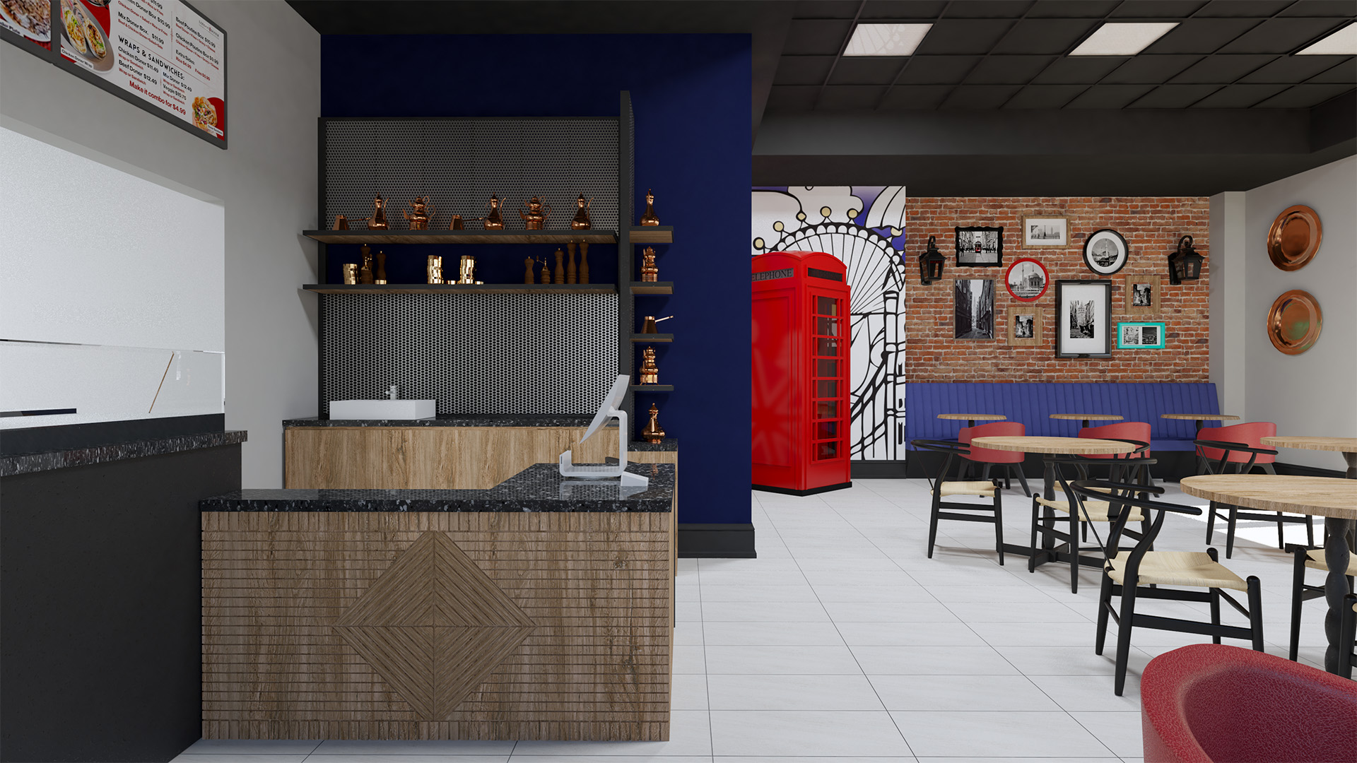 Interior of London Doner restaurant with a blend of modern and traditional design elements.