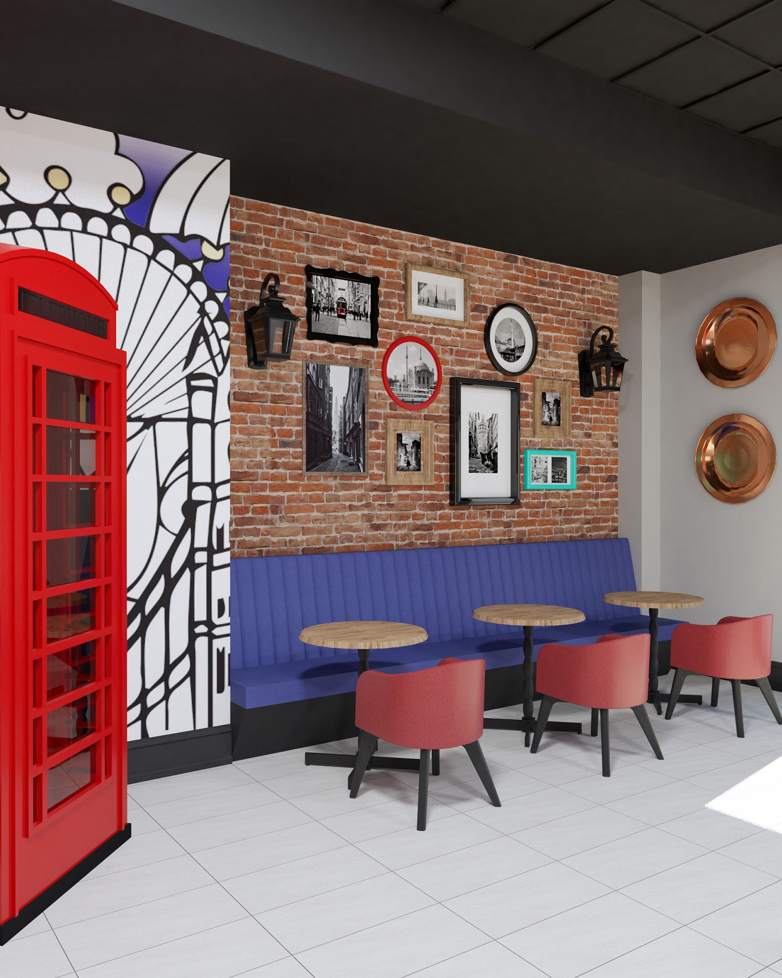 Interior of London Doner restaurant in Vaughan, ON, featuring custom booth seating, brick wall, and framed artwork.