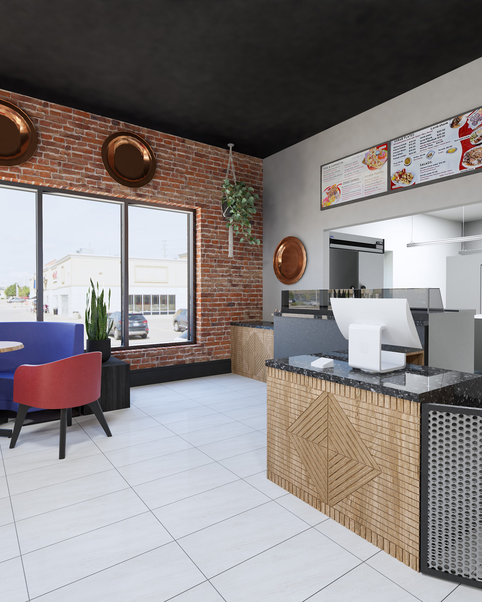 Interior of London Doner restaurant in Vaughan, ON, featuring order desk and modern decor.