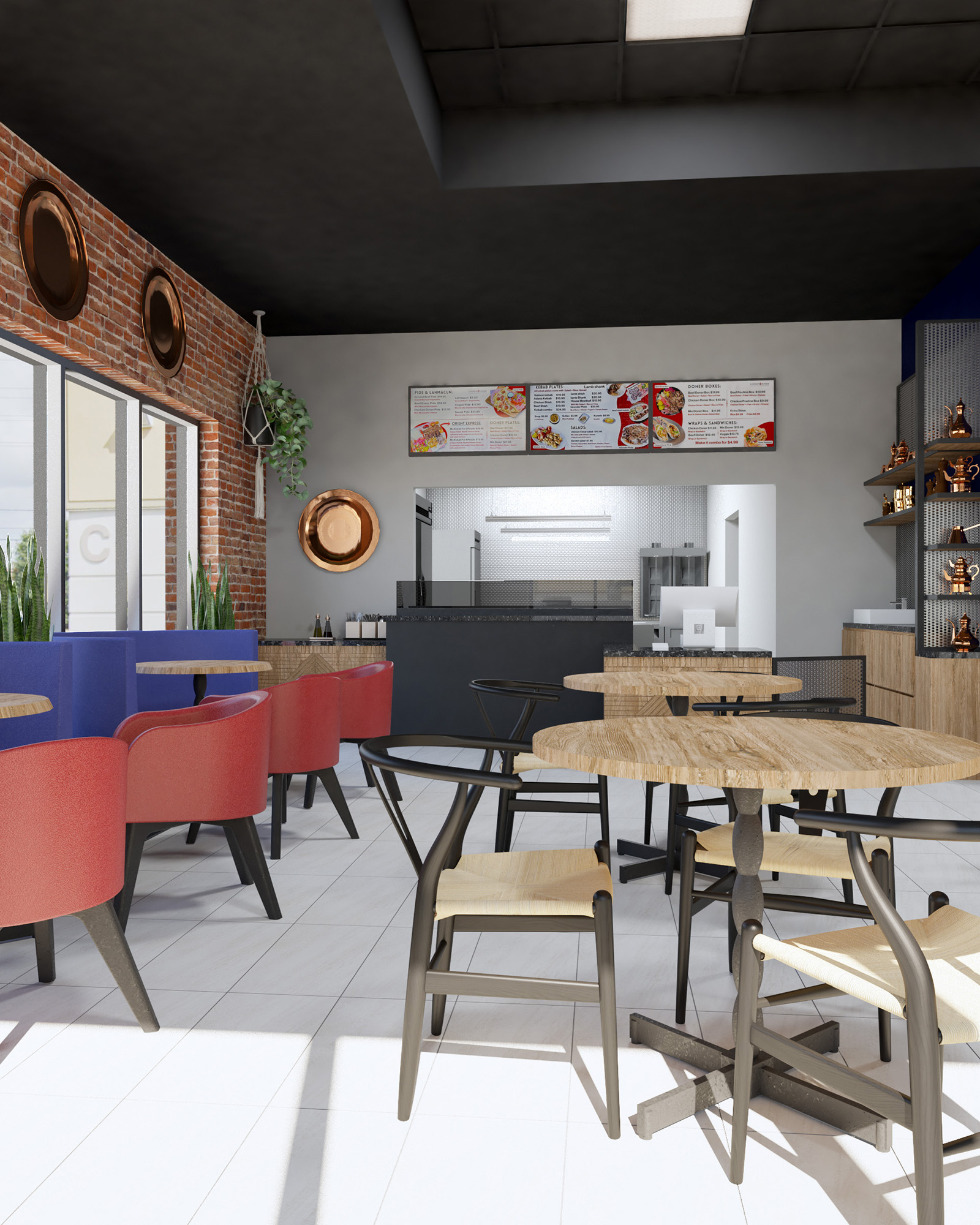 Interior of London Doner restaurant in Vaughan, ON, featuring order desk, seating area, and modern decor.