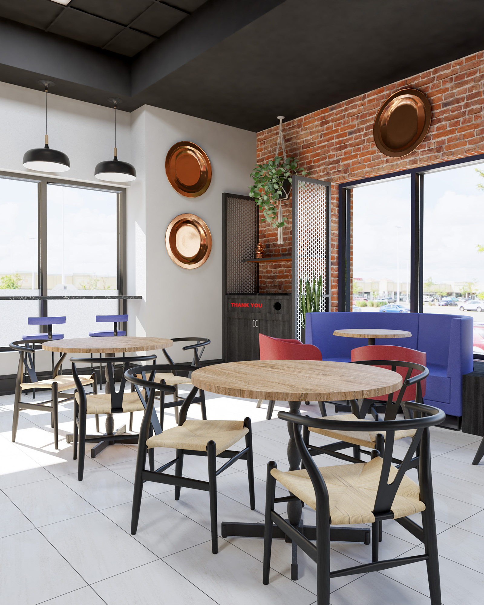 Interior of London Doner restaurant in Vaughan, ON, featuring seating area, Turkish trays, and modern decor.