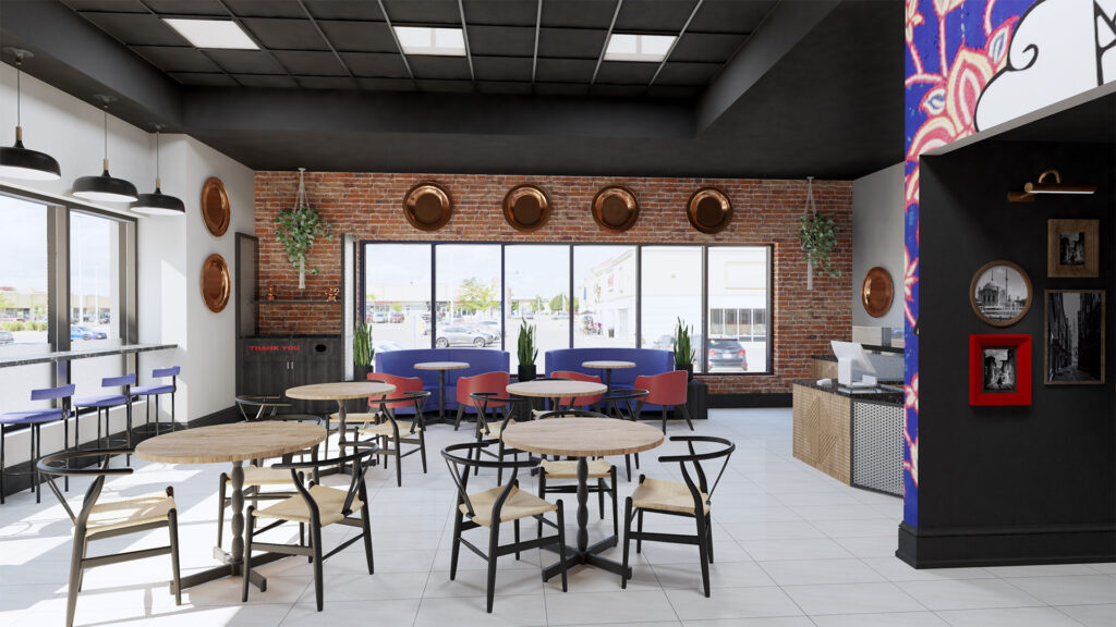 Interior of London Doner restaurant featuring modern and traditional decor with Turkish trays.