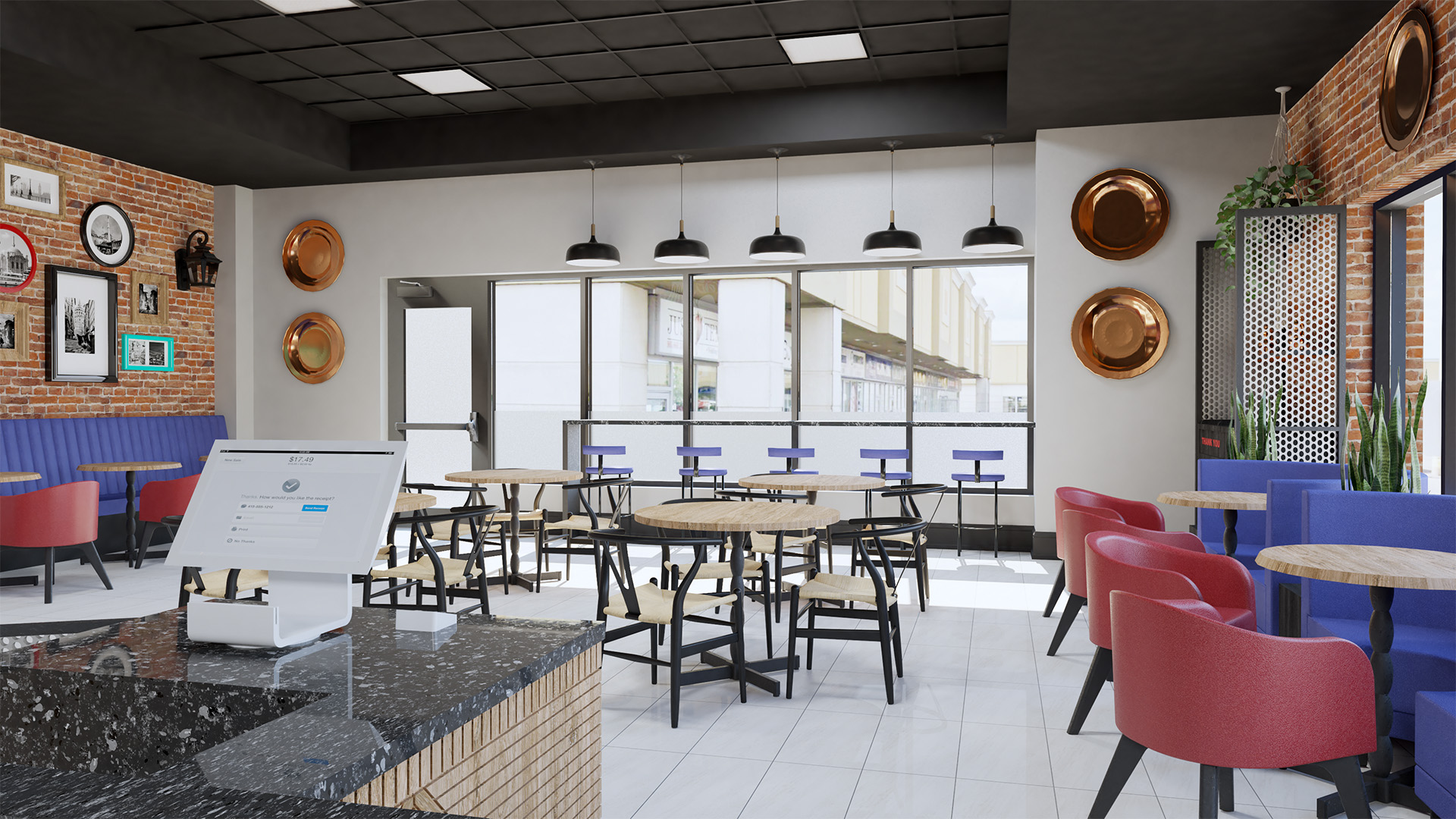 View from the counter of London Doner restaurant interior featuring modern and traditional decor with Turkish trays.