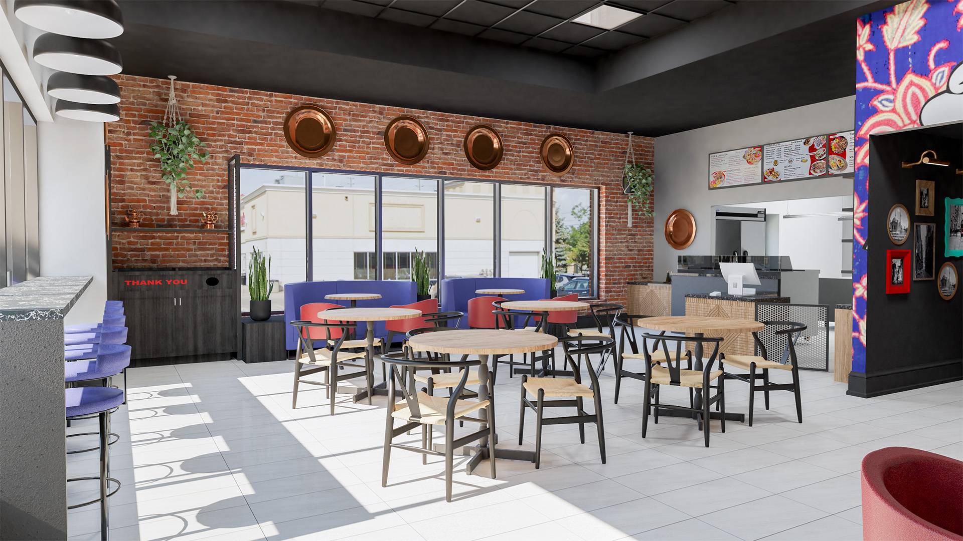 Bright interior of London Doner restaurant featuring Turkish trays and modern decor.