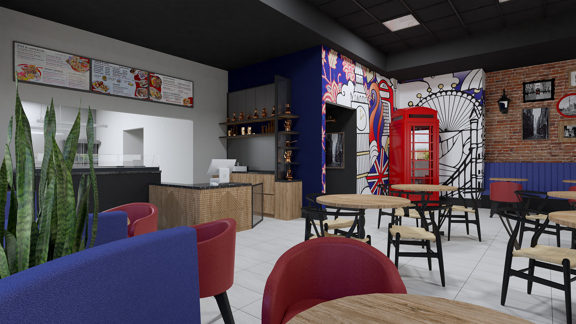 Interior of London Doner restaurant featuring a red telephone booth and modern decor.