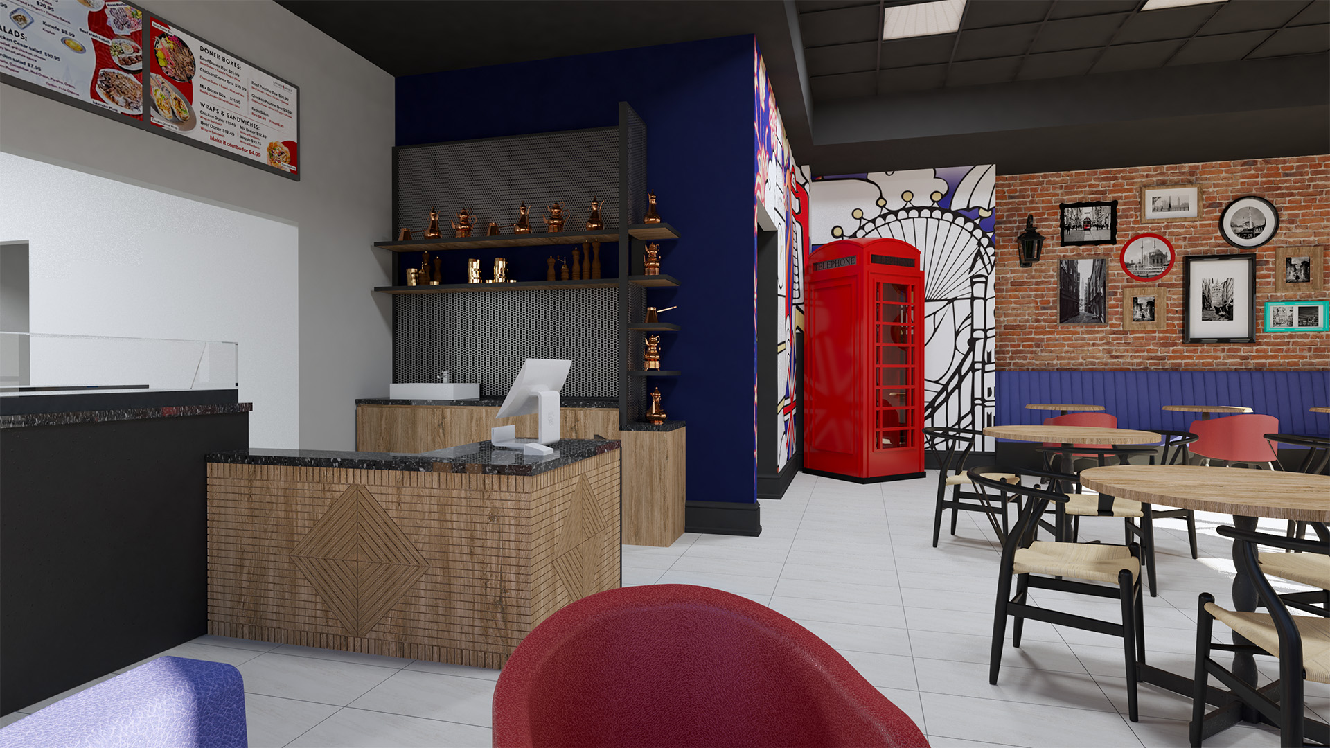 Interior of London Doner restaurant in Vaughan, ON featuring a red telephone booth and eclectic decor.