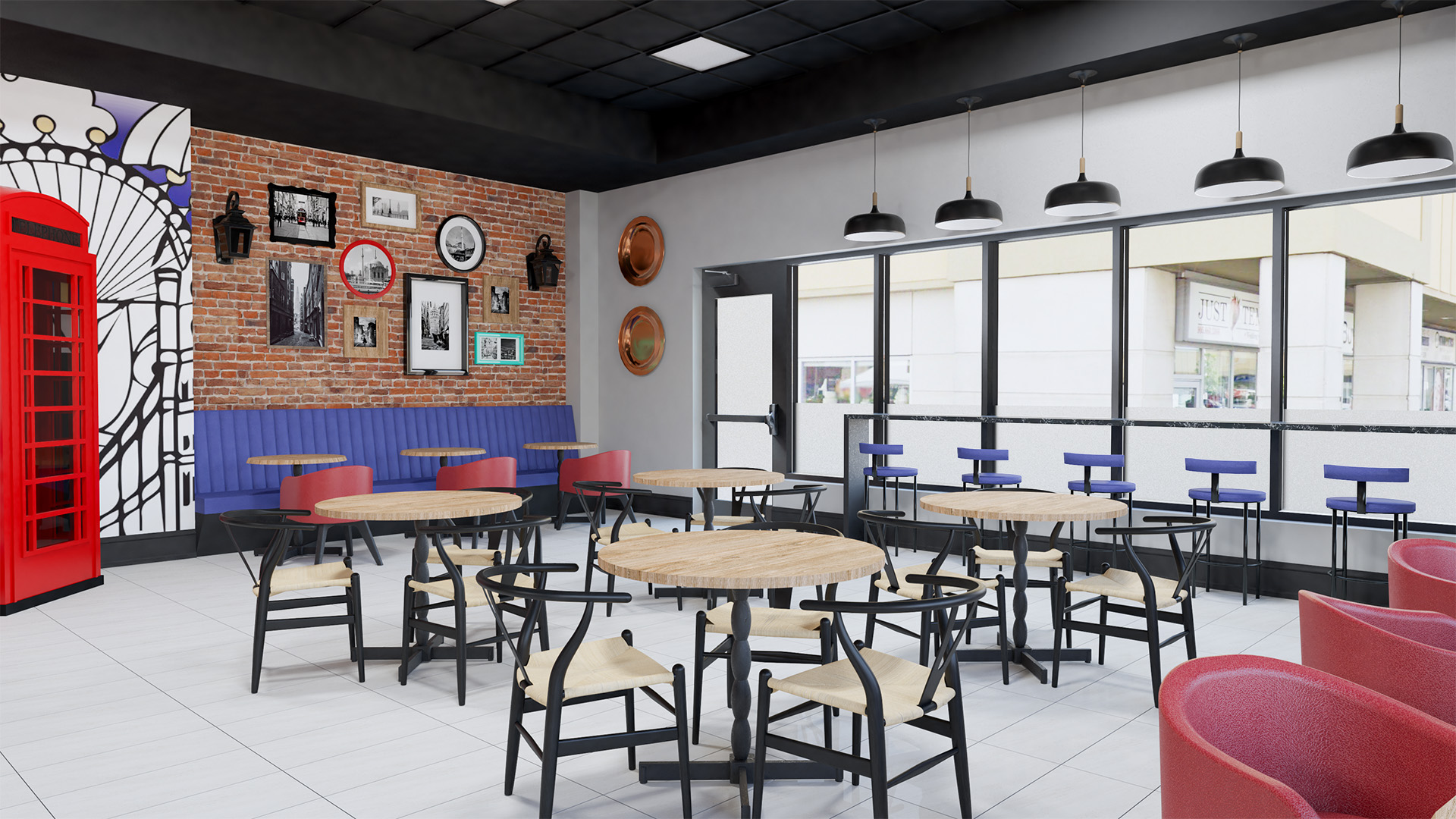 Interior of London Doner restaurant in Vaughan, ON with red telephone booth and modern decor.