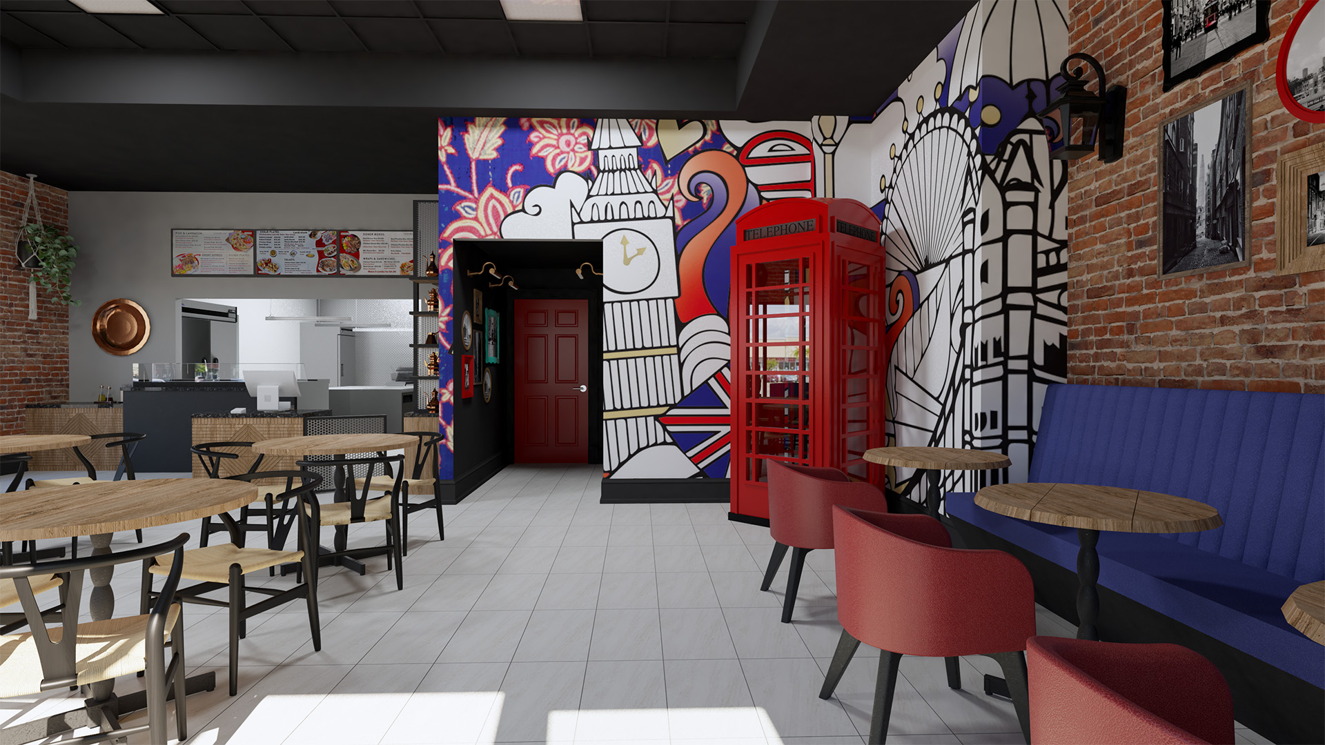 Interior of London Doner restaurant highlighting a red telephone booth and colorful wall graphic.