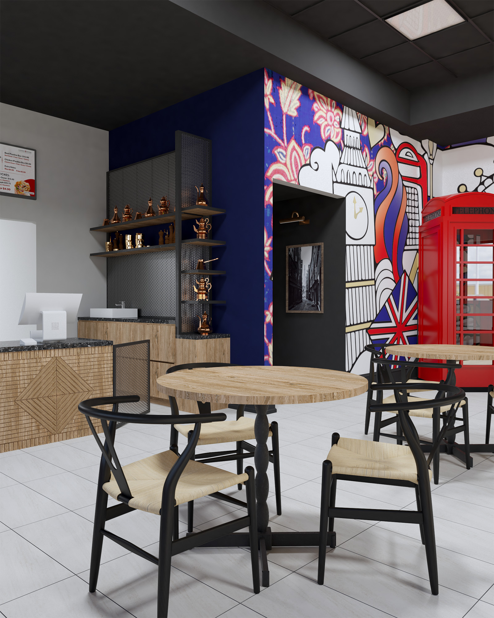 Interior of London Doner restaurant in Vaughan, ON, showing seating area, counter, and mural with red telephone booth.