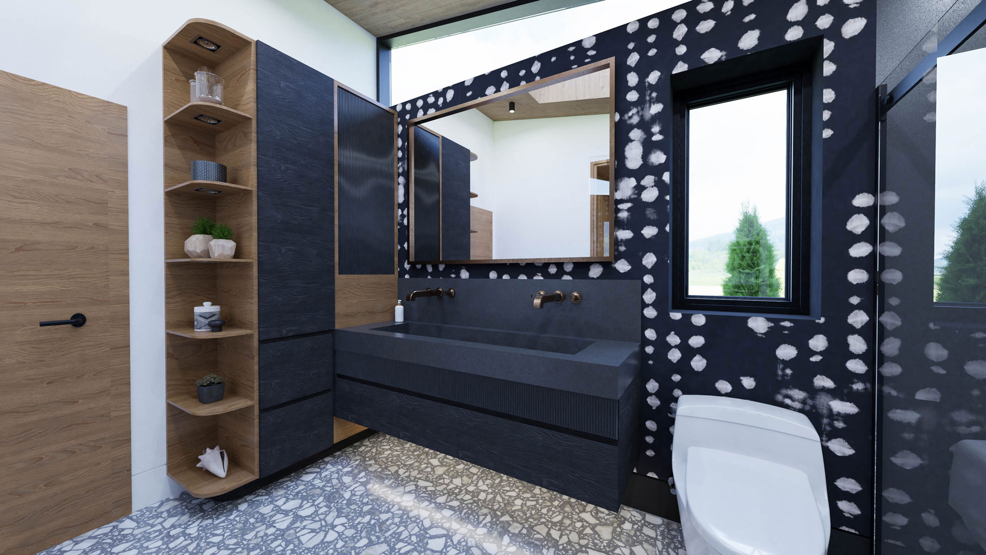 A modern master ensuite bathroom featuring a floating black vanity with reeded wood details, open and closed storage, and monochromatic tones with wood accents. The space includes a terrazzo-style floor and contemporary black-and-white wallpaper.