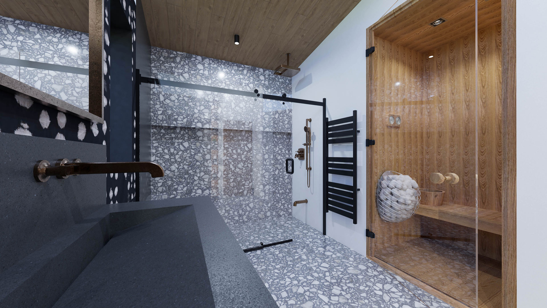 A bathroom view looking toward the shower and sauna, featuring terrazzo-style flooring that extends up the shower wall, with a wood ceiling and a compact wood sauna incorporated into the space.