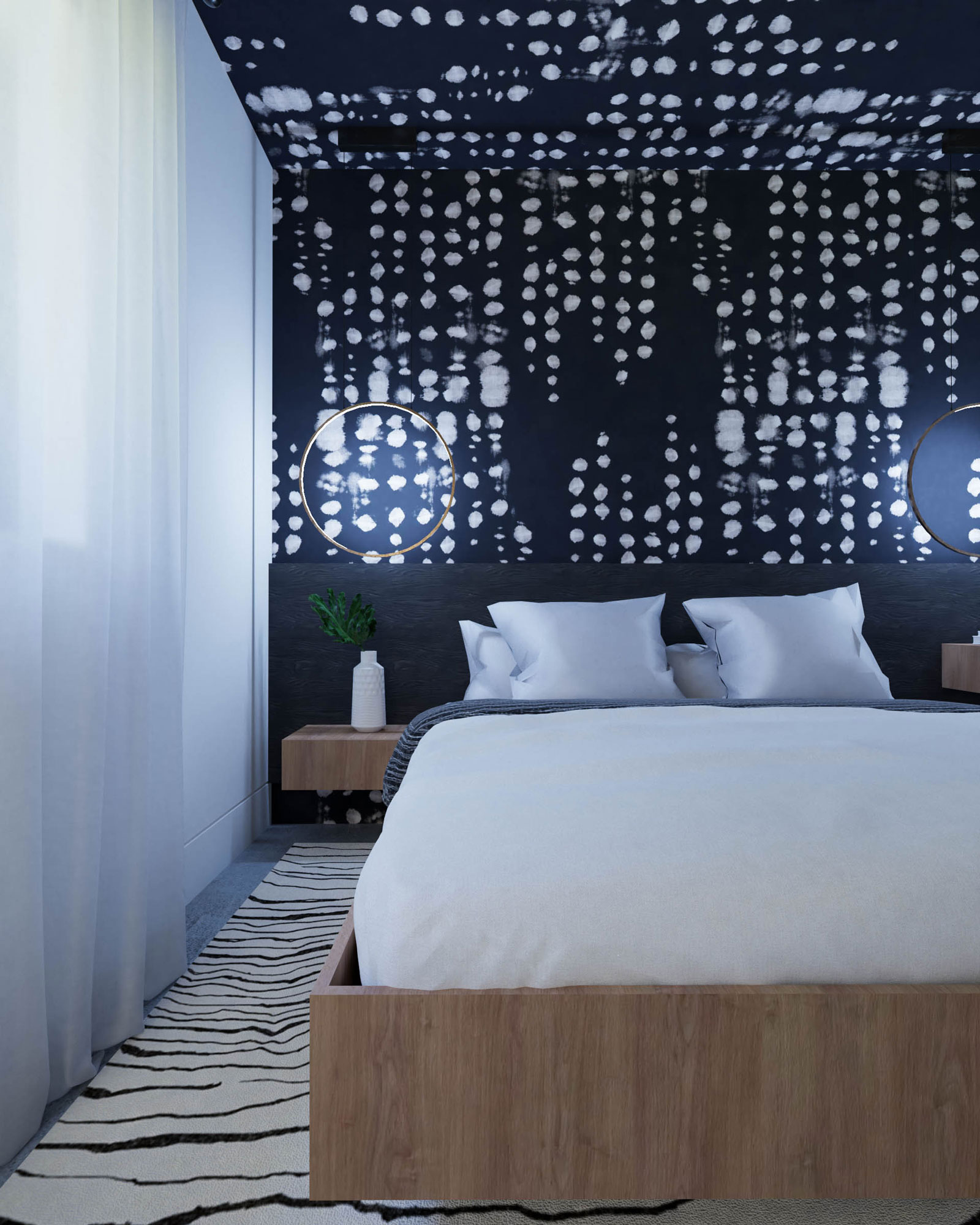 A bedroom with contemporary black-and-white wallpaper and a modern rug, complementing the warm wooden bed at the Romanian Chalet.