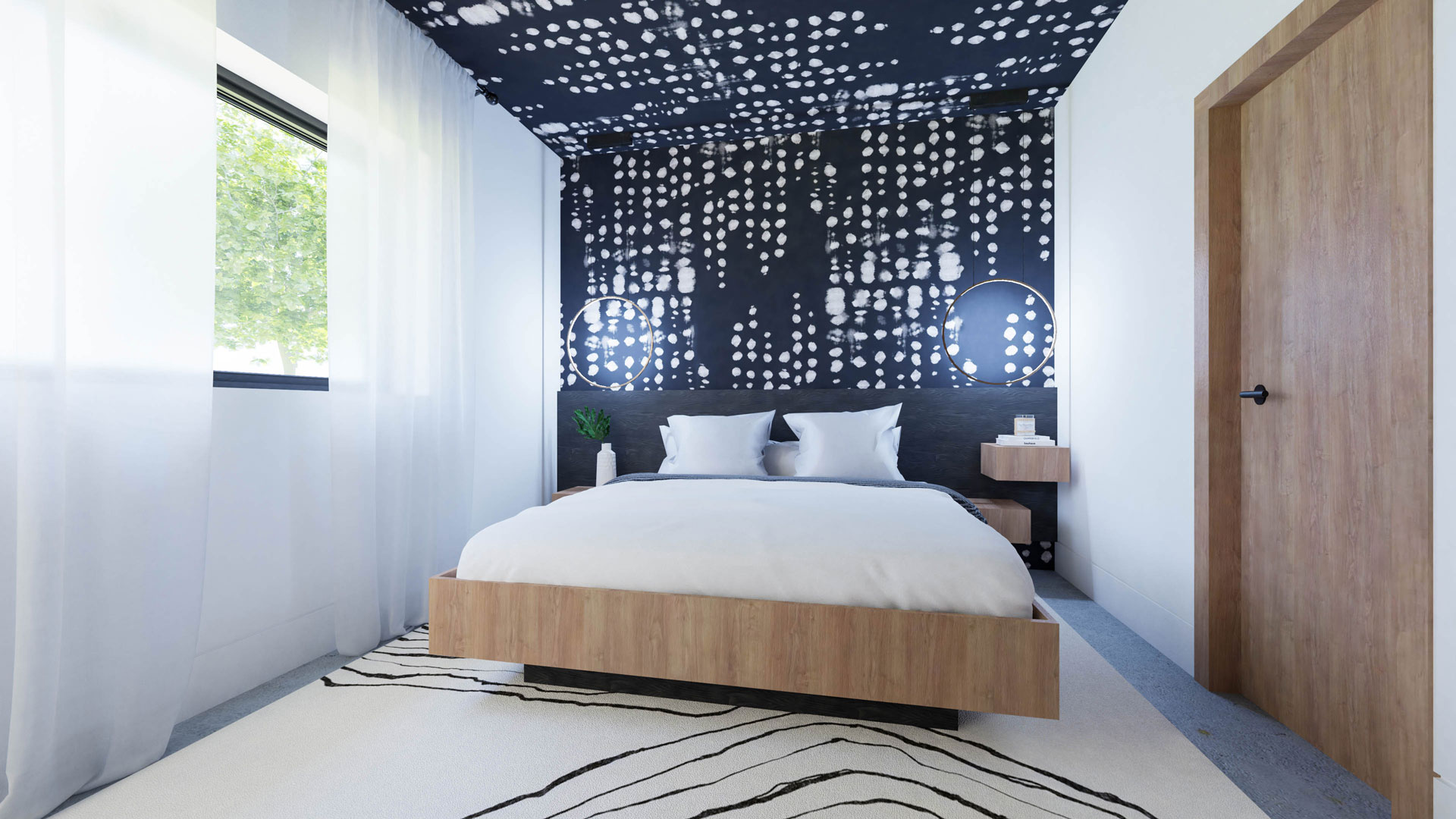 A bedroom with contemporary black-and-white wallpaper and a modern rug, complementing the warm wooden bed at the Romanian Chalet.